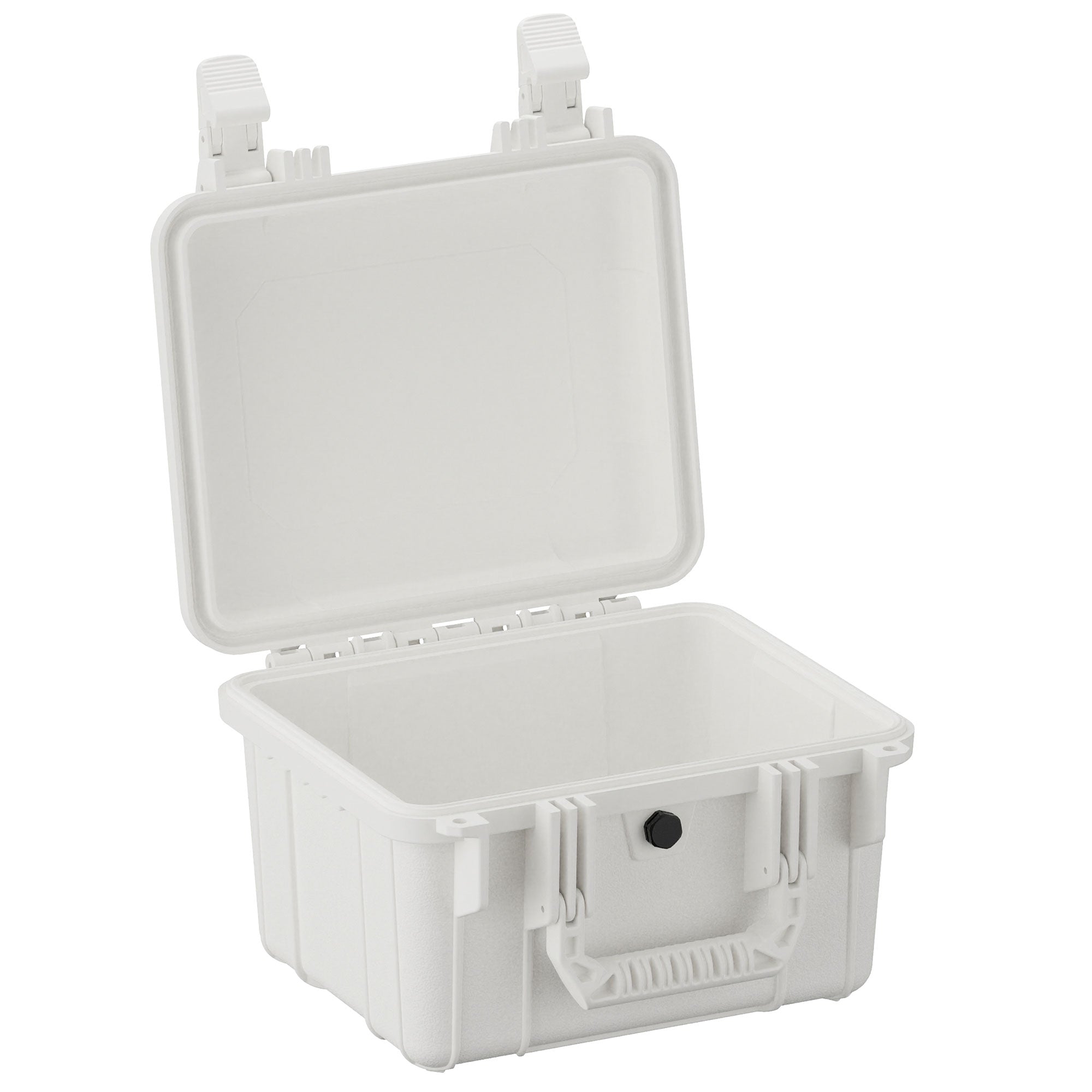 Alt text: "Open 11-inch small, rugged white protective case with durable latches and a drain plug, designed for secure storage and transportation."