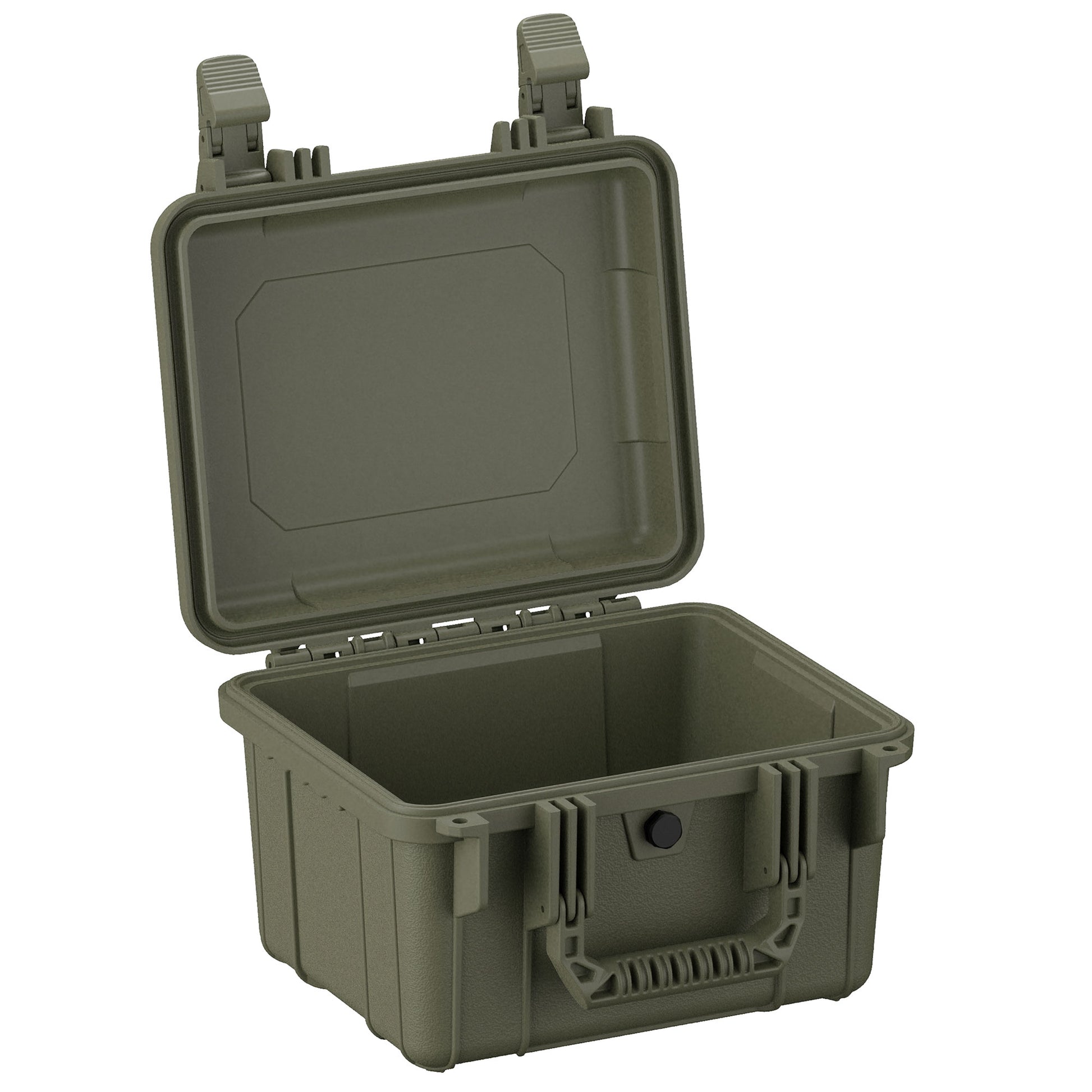 Alt text: "Open olive green 11-inch small hard case with sturdy handles and secure latches, displaying its empty, robust interior suitable for protecting delicate items."