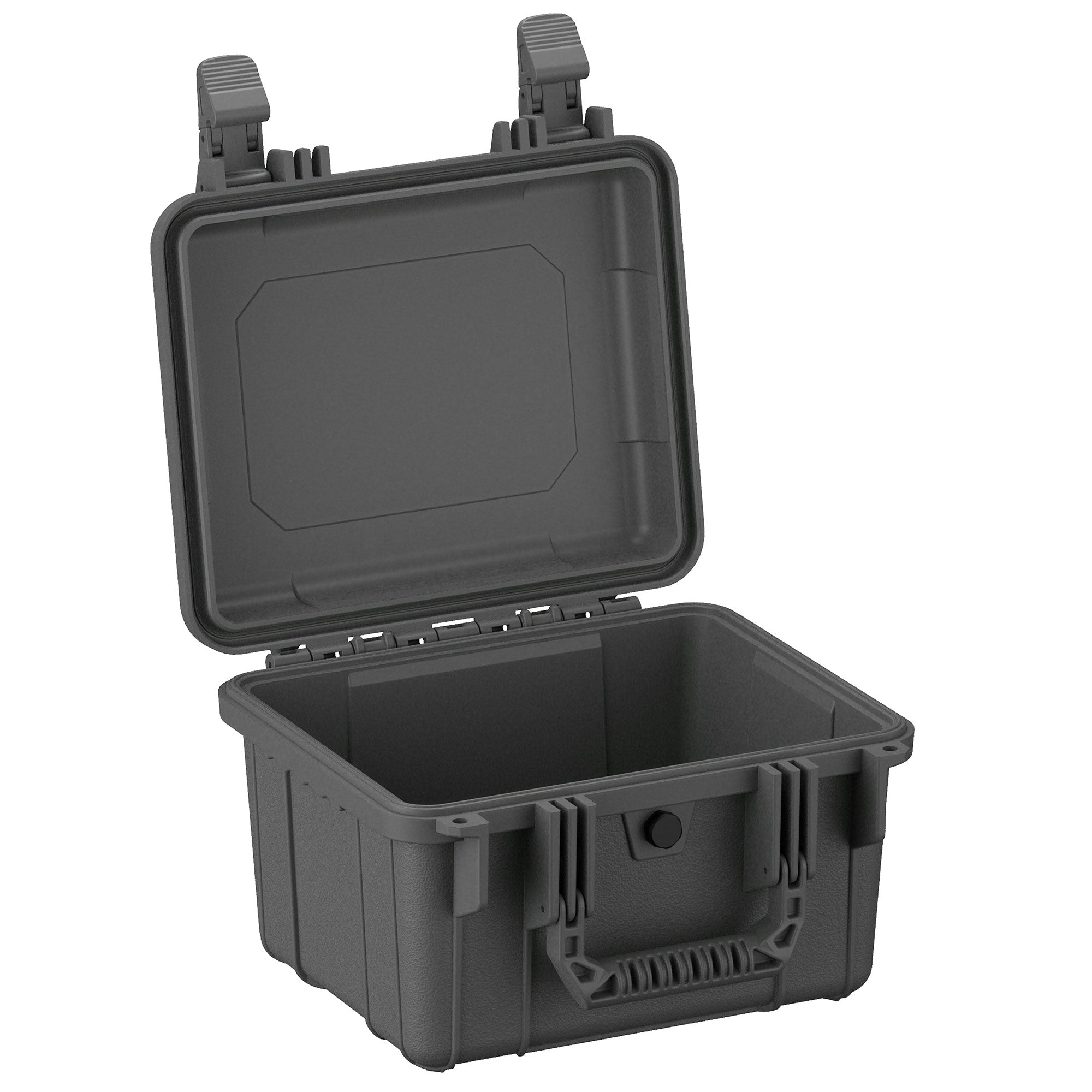 Alt text: "Durable, dark gray 11-inch small protective case opened to reveal its empty interior, featuring robust handles and secure latch closures designed for safe storage and transport of sensitive items."