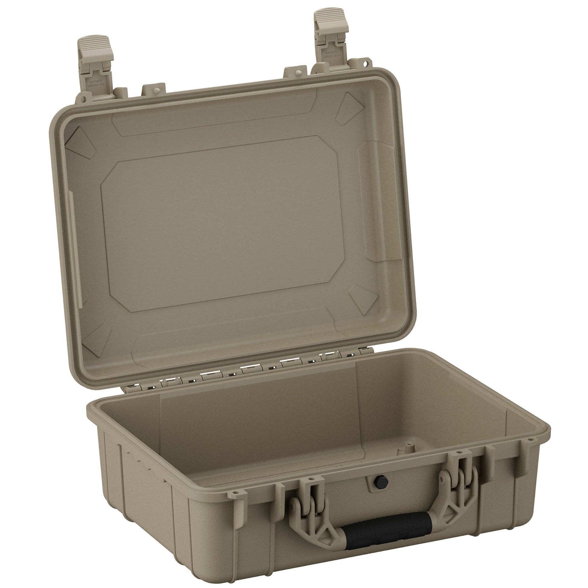 Alt text: "20-inch large military-grade protective case in olive green color, open to display its spacious, empty interior and sturdy double latches, ideal for secure storage and transport of sensitive equipment."