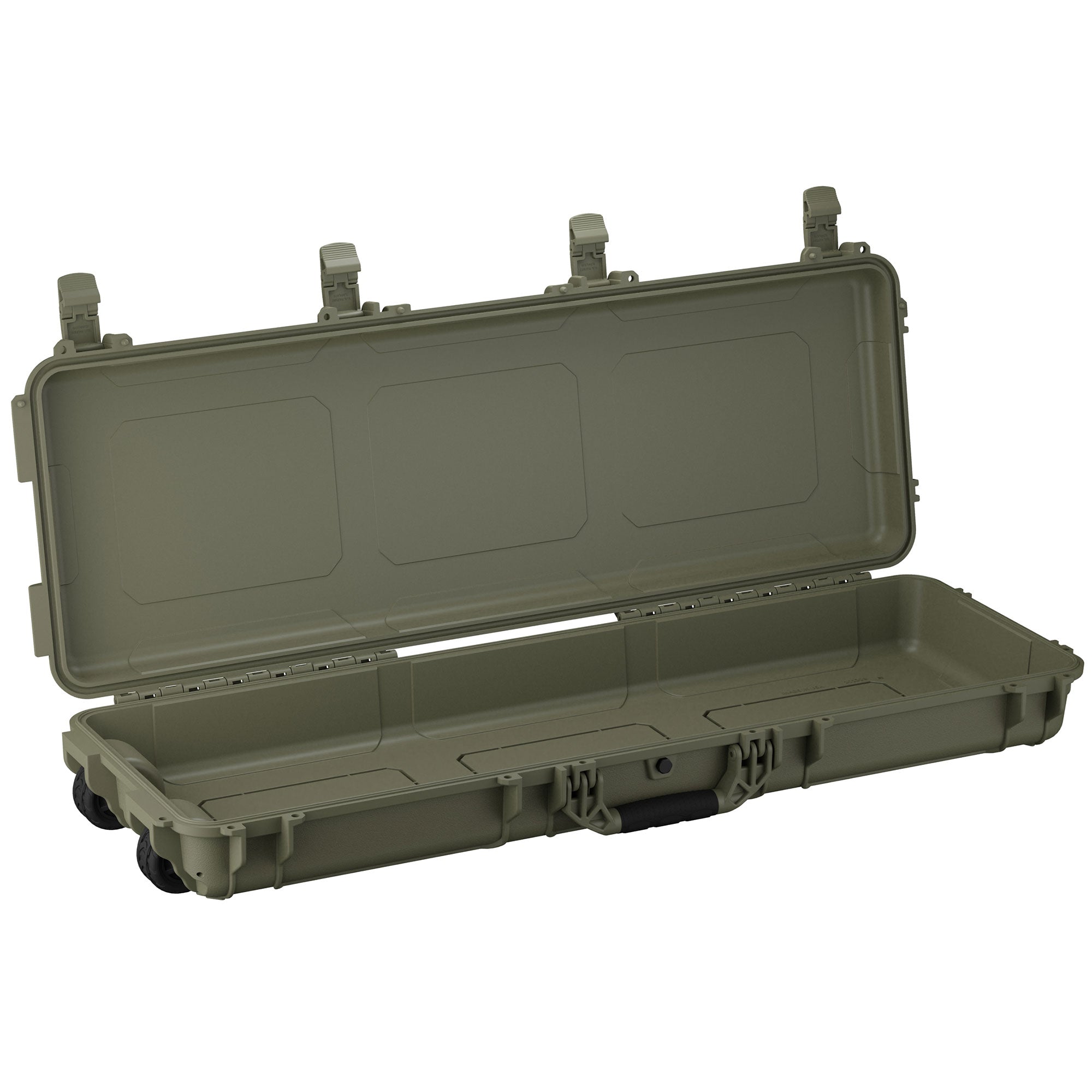 Olive green, 45-inch long protective hard case with a lid, latches, and wheels, designed for secure storage and transport.
