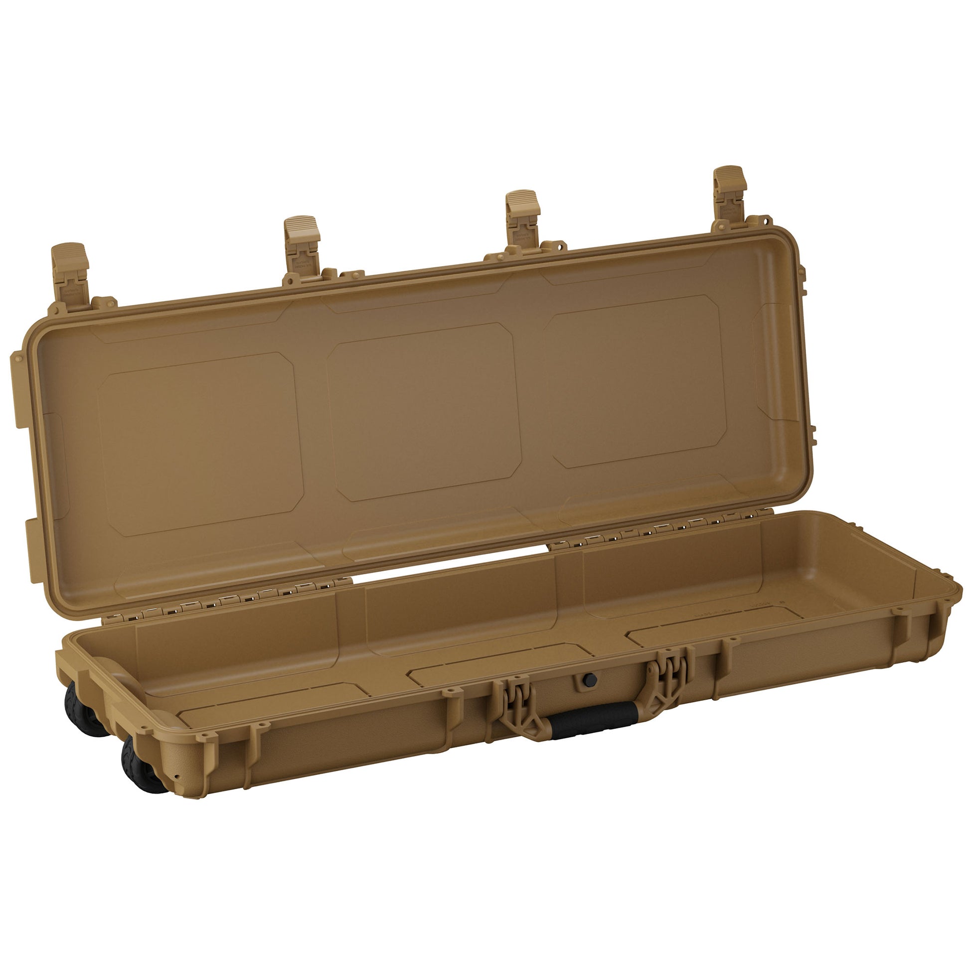 Open 45-inch long tan protective case with wheels, multiple latches, and interior compartments for secure storage.