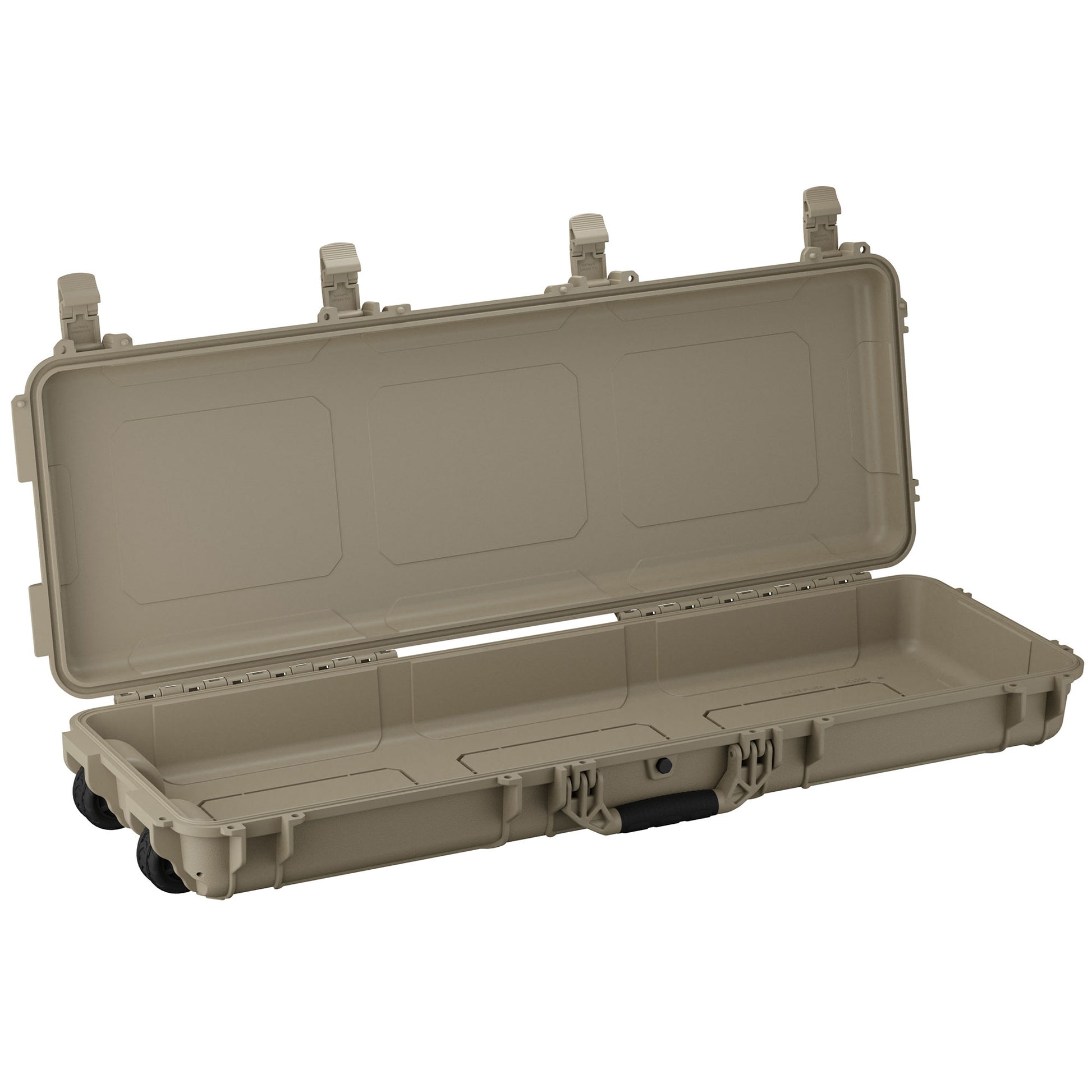 Open 45-inch tan hard case with wheels and secure latches, designed for durable storage and transport.