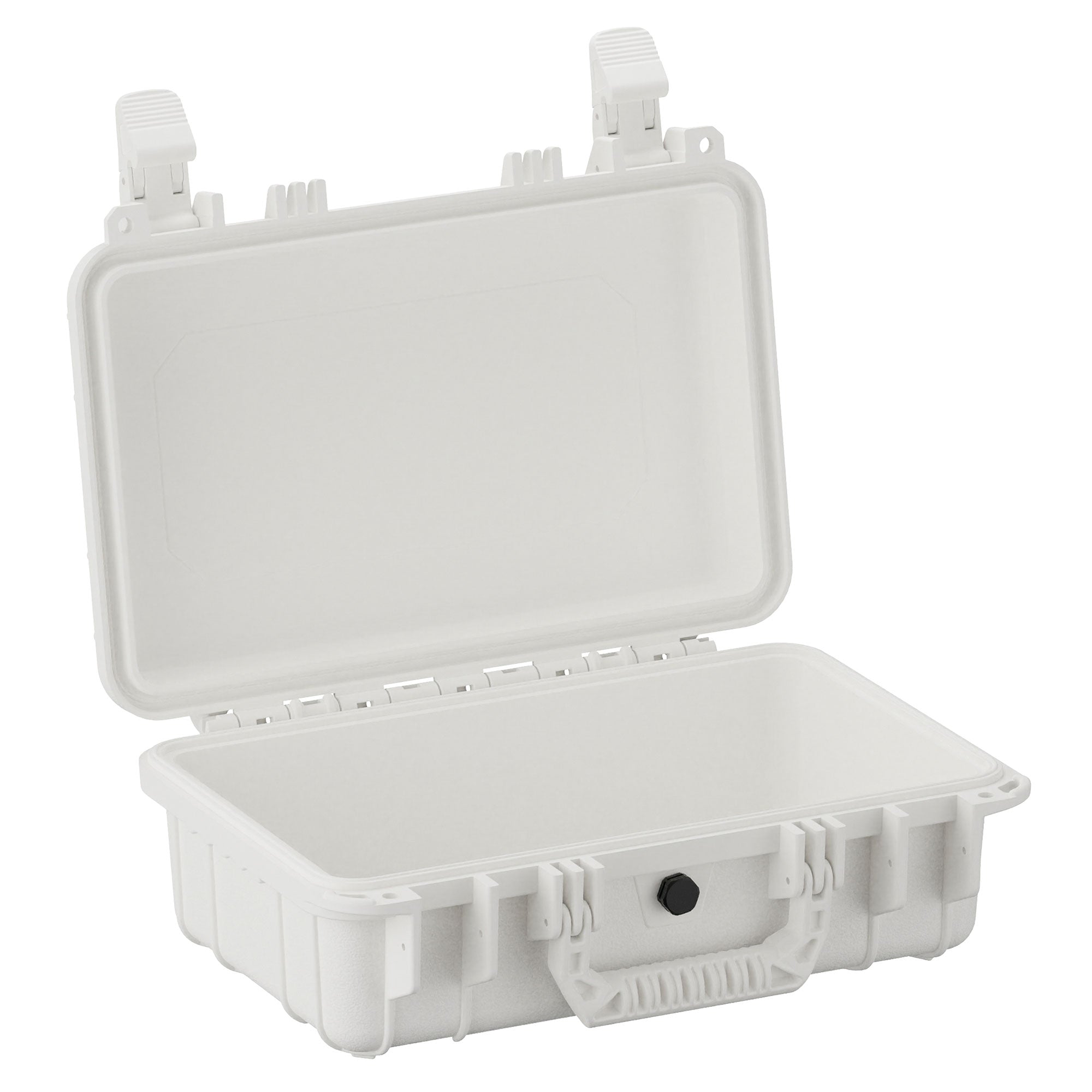 Alt text: "Open 13-inch small protective case in light gray, featuring a rugged exterior, secure clasps, and a pressure release valve."