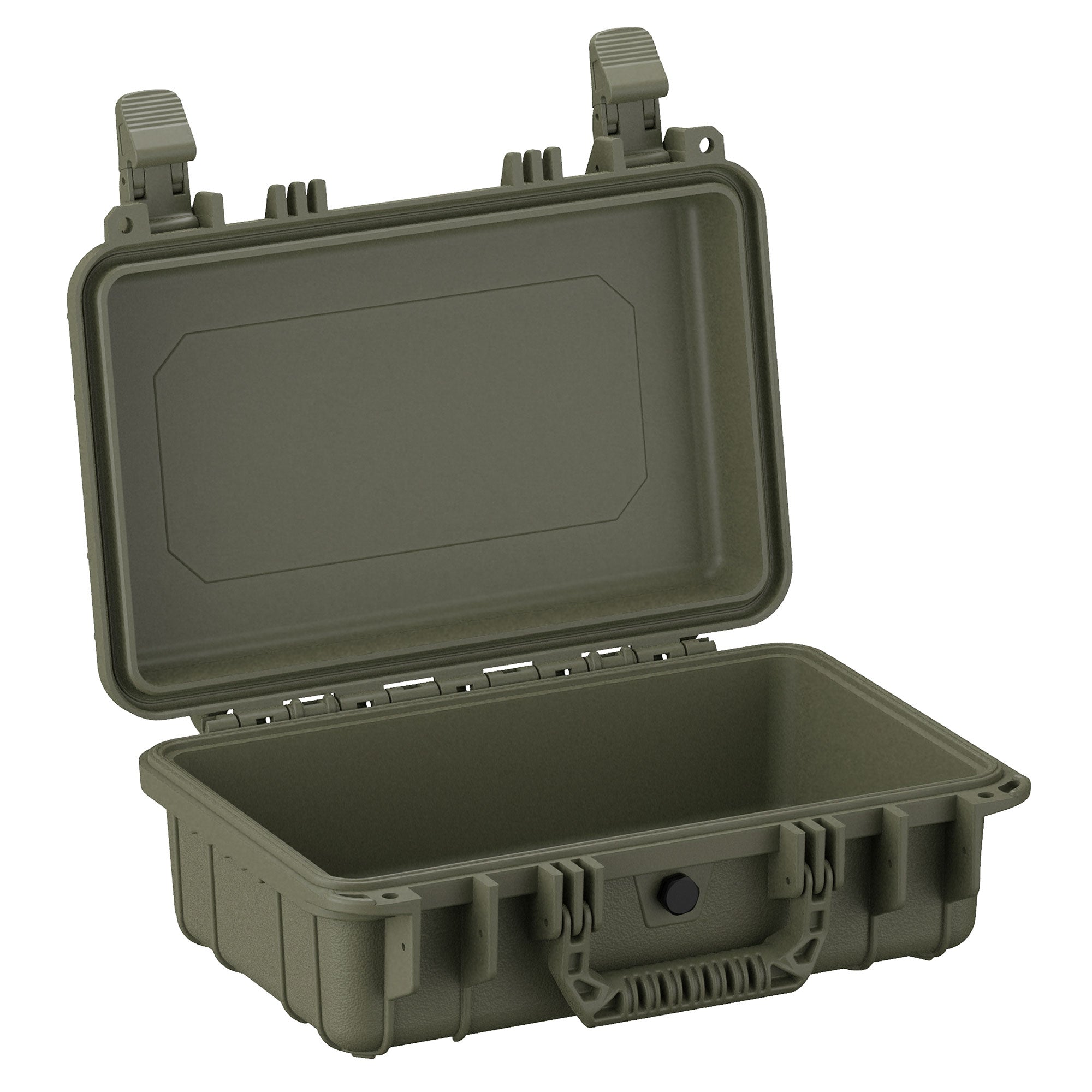 Alt text: "Open olive green small hard case measuring 13 inches, model #232, featuring robust latches and a reinforced casing designed for durability and protection."