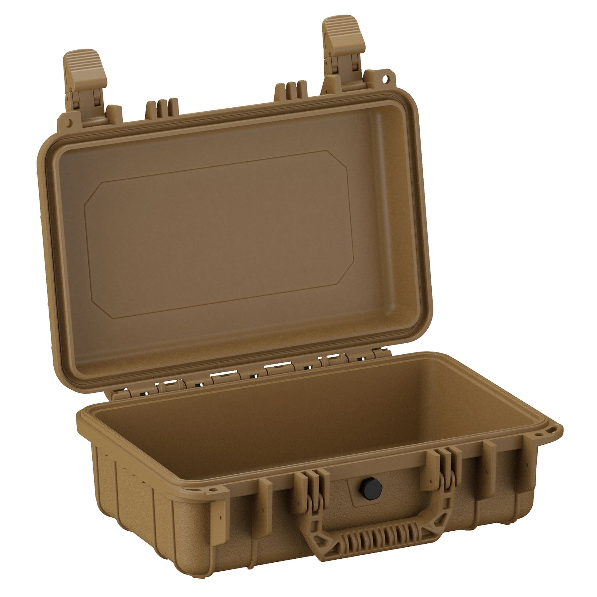 Alt text: Open 13-inch small protective case in tan color, displaying rugged design with dual latches and a reinforced handle, ideal for secure storage of delicate items.