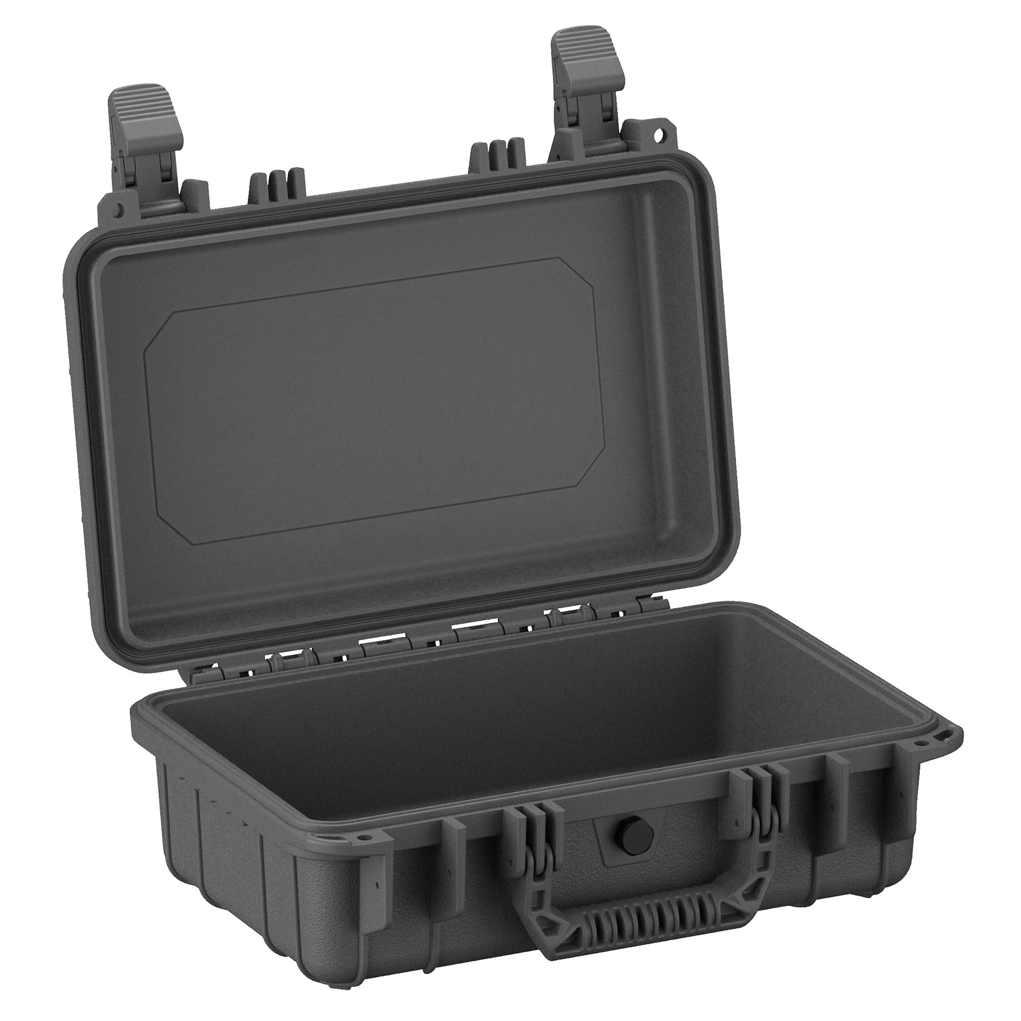 Alt text: Durable 13-inch small black protective case with open lid, featuring robust latches and padded interior. Ideal for secure storage and transportation of sensitive items.