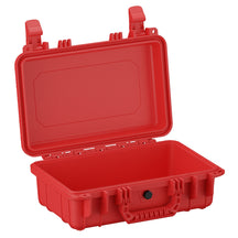 Red 13-inch small protective hard case with open lid, featuring durable latches and handle, suitable for secure storage and transportation of delicate items.