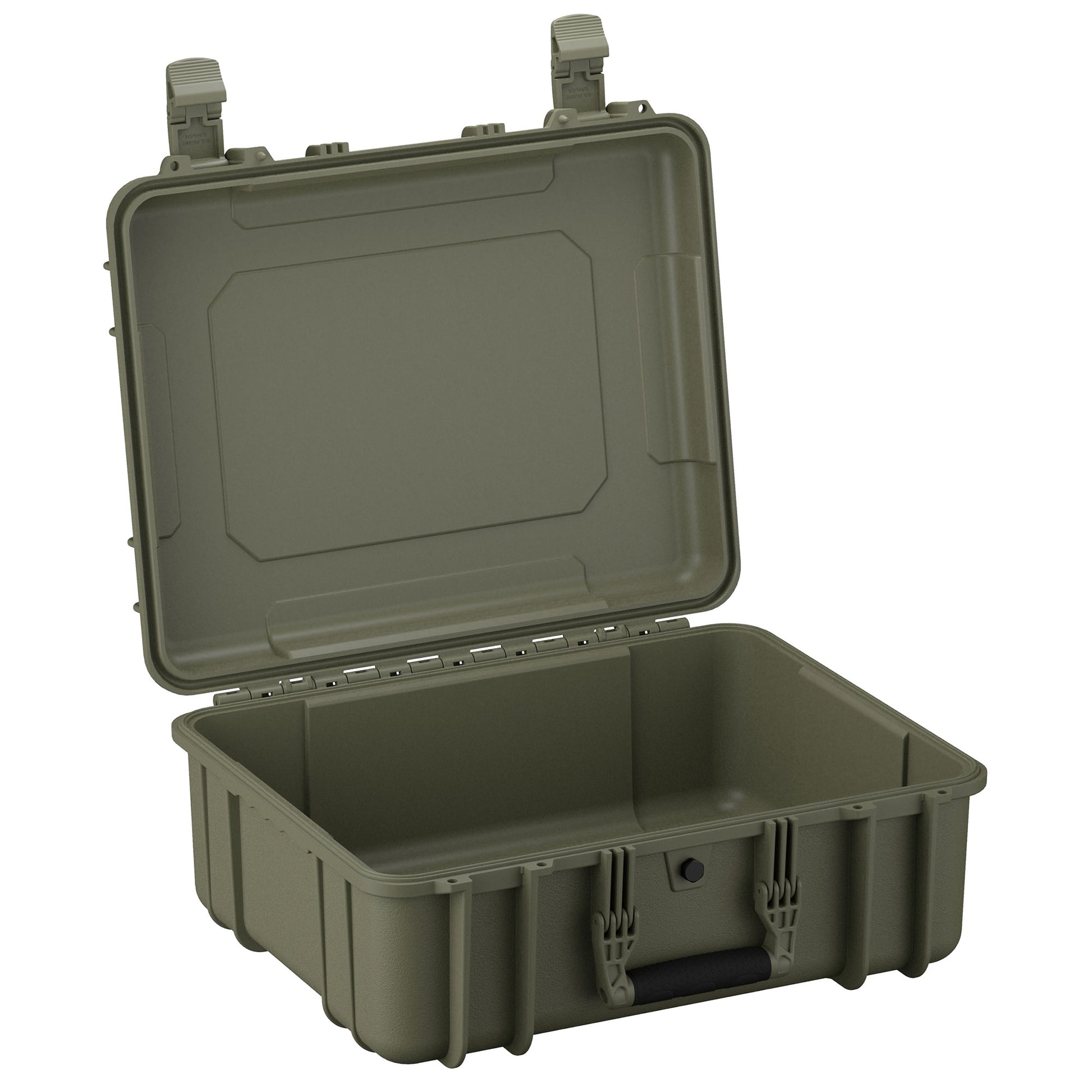 Alt text: "Open 20-inch large military green protective hard case, model #253, featuring rugged exterior, durable handles, and a watertight seal, suitable for equipment and sensitive materials."