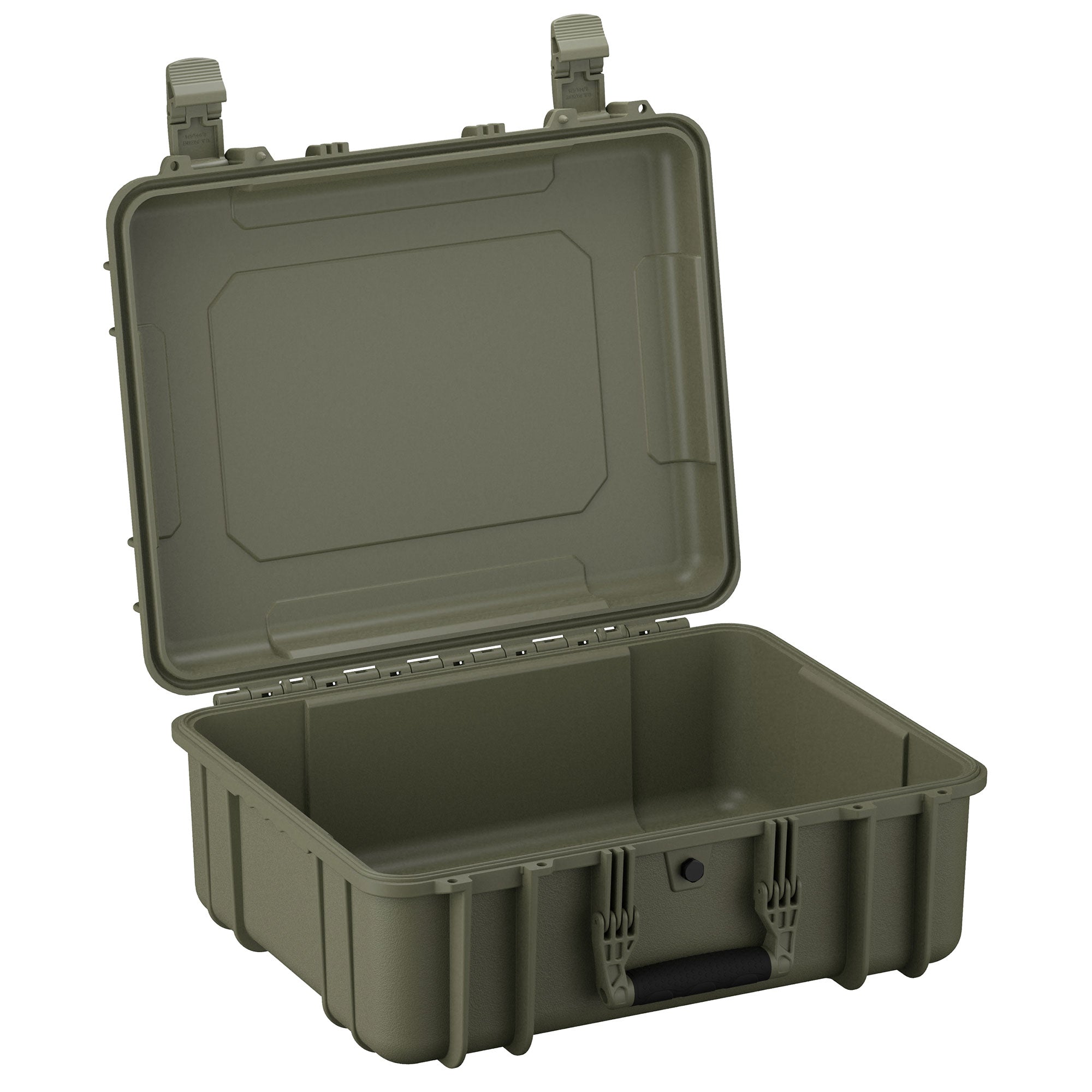Alt text: "Open 20-inch large military green protective hard case, model #253, featuring rugged exterior, durable handles, and a watertight seal, suitable for equipment and sensitive materials."
