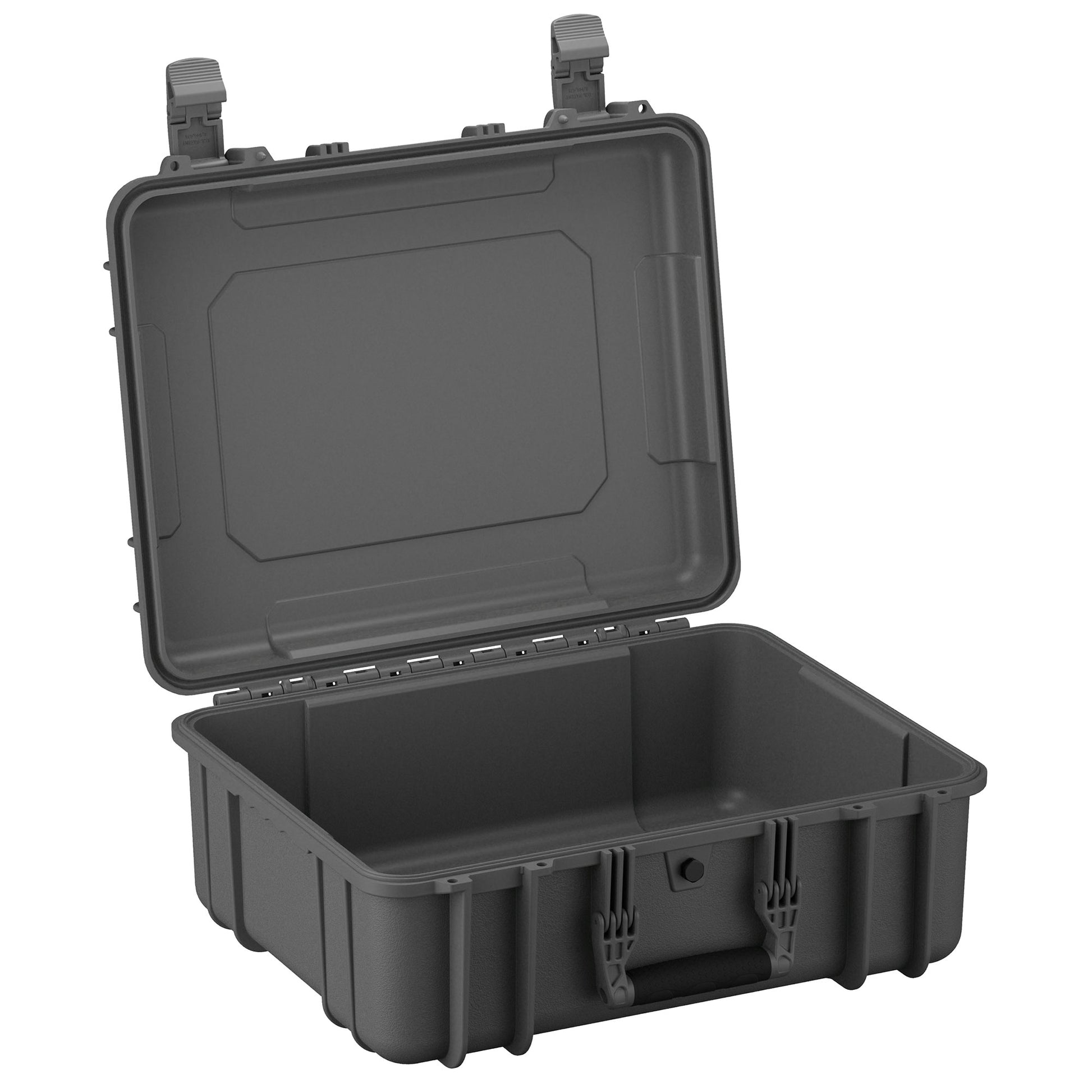 Alt text: "20-inch large, rugged black protective case model #253, open to display its spacious interior, featuring durable hinges and secure clasps for safe storage and transport."