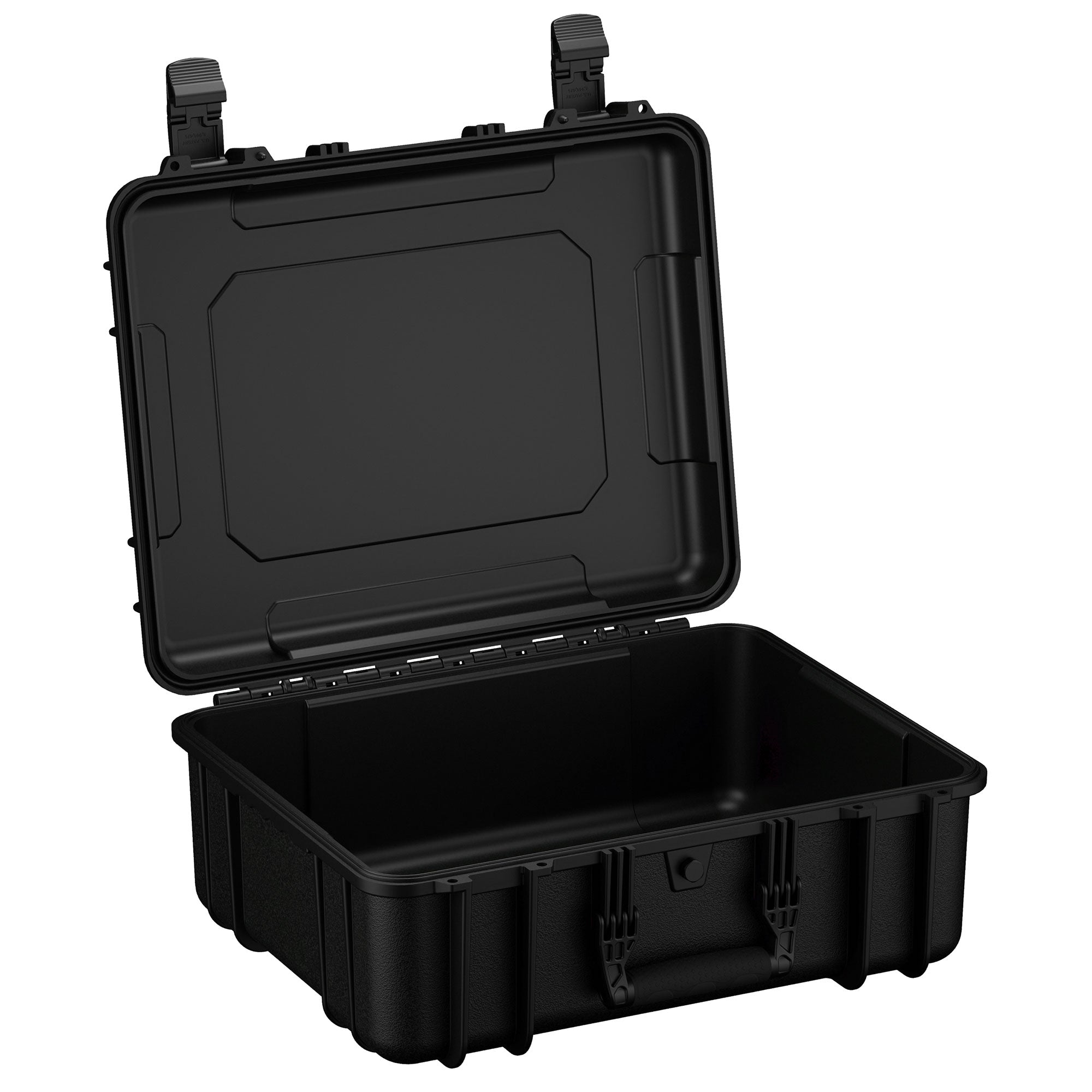 Alt text: "20-inch large black protective hard case, model #253, open to display its deep empty compartment and durable design with secure latches and a robust handle, ideal for transporting sensitive equipment."