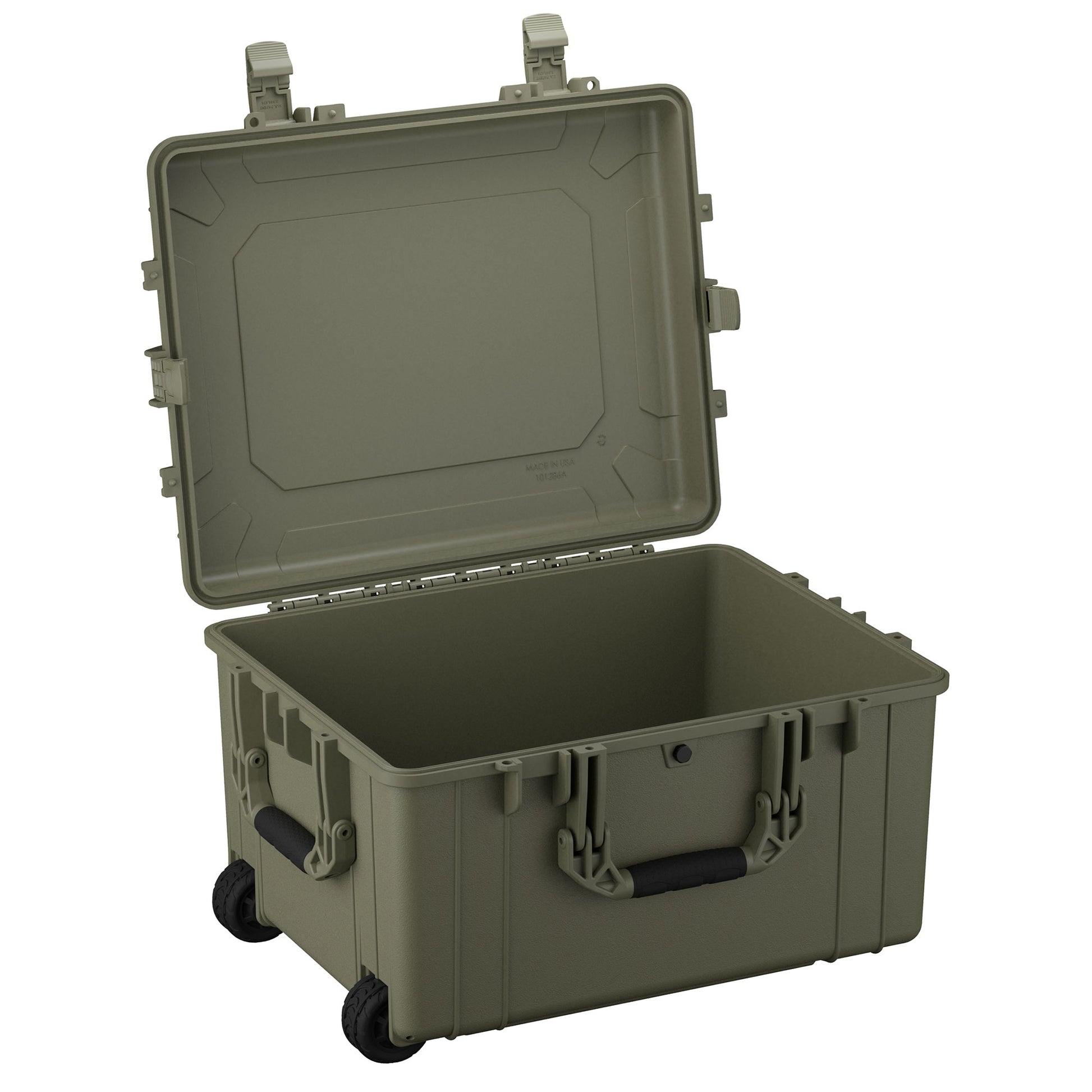 Alt text: "Large 25-inch olive green protective case, model #286, with durable handles and wheels, open to display interior, with rugged latch closures and reinforced corners for extra security."