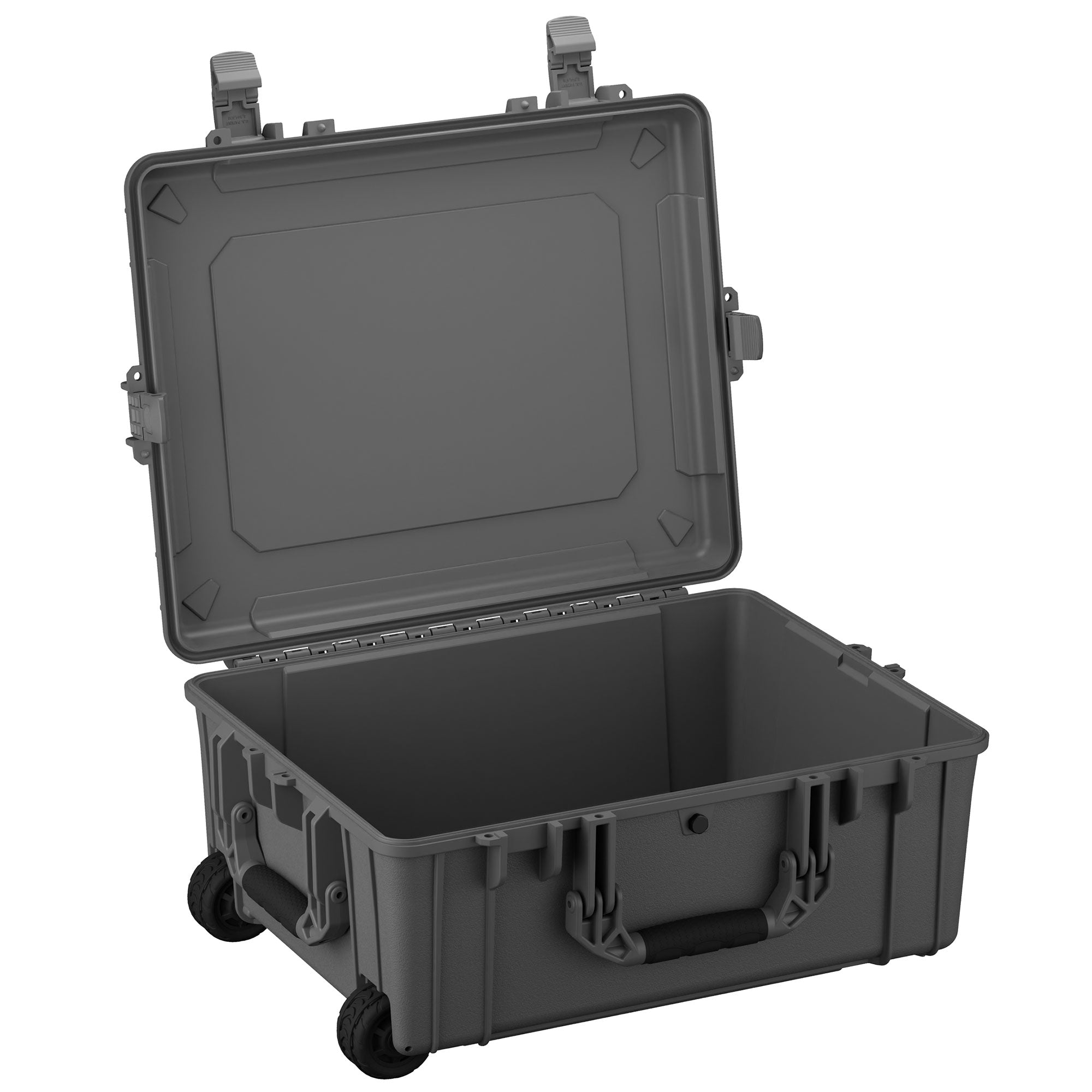 Alt text: "Large 25-inch rugged case #287 in gray, featuring durable wheels and dual locking clasps, open to display empty interior."
