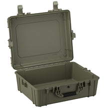 Alt text: "25-inch Large Case #289 displayed open, featuring a durable olive green exterior with sturdy latches and a reinforced handle, ideal for secure storage and transport."