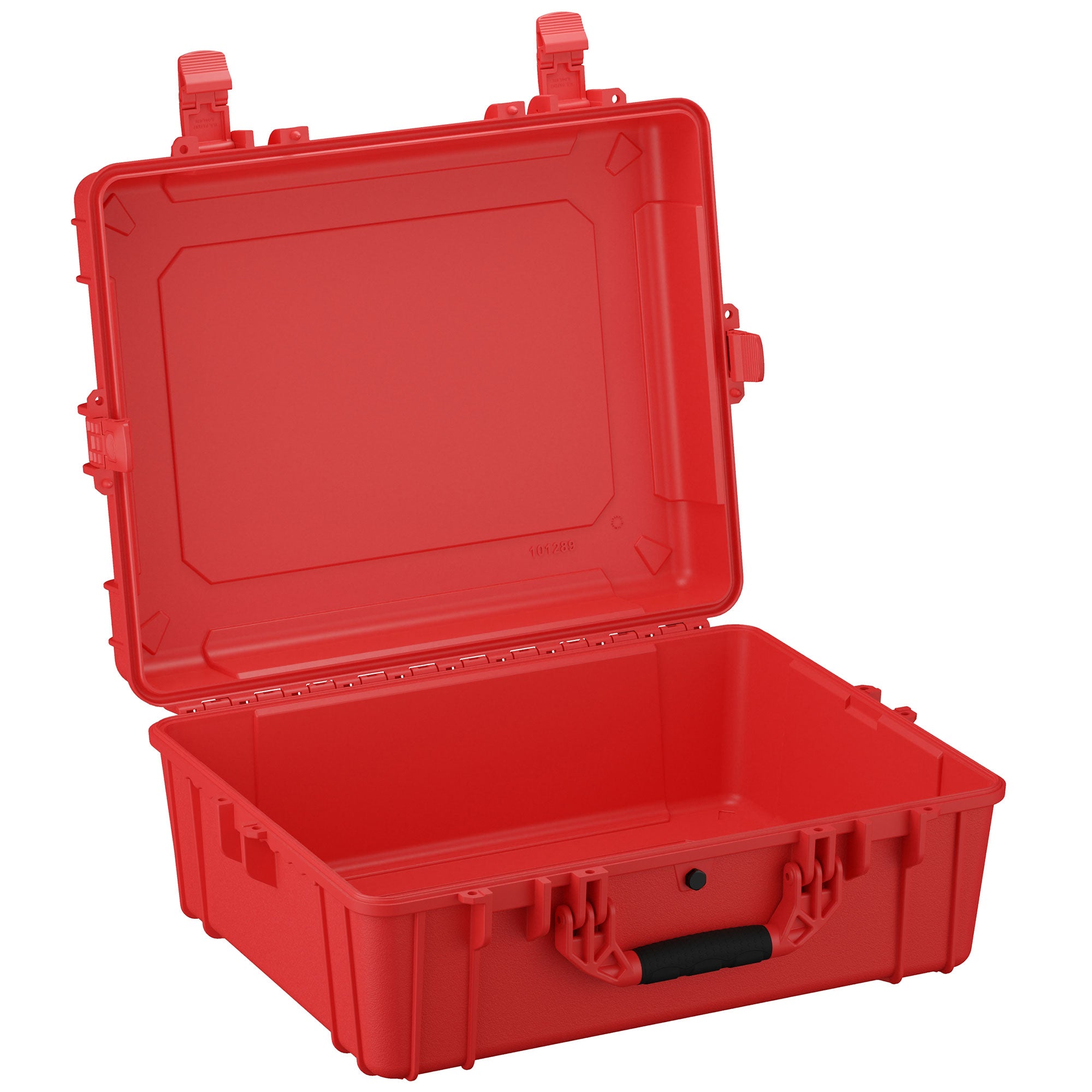 Alt text: Large red protective hard case, size 25 inches, open to show empty interior and sturdy latches. Model #289.