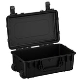Alt text: "22-inch black rugged protective case, model #300, with an open lid revealing a deep empty interior and equipped with durable latches and robust wheels for mobility."