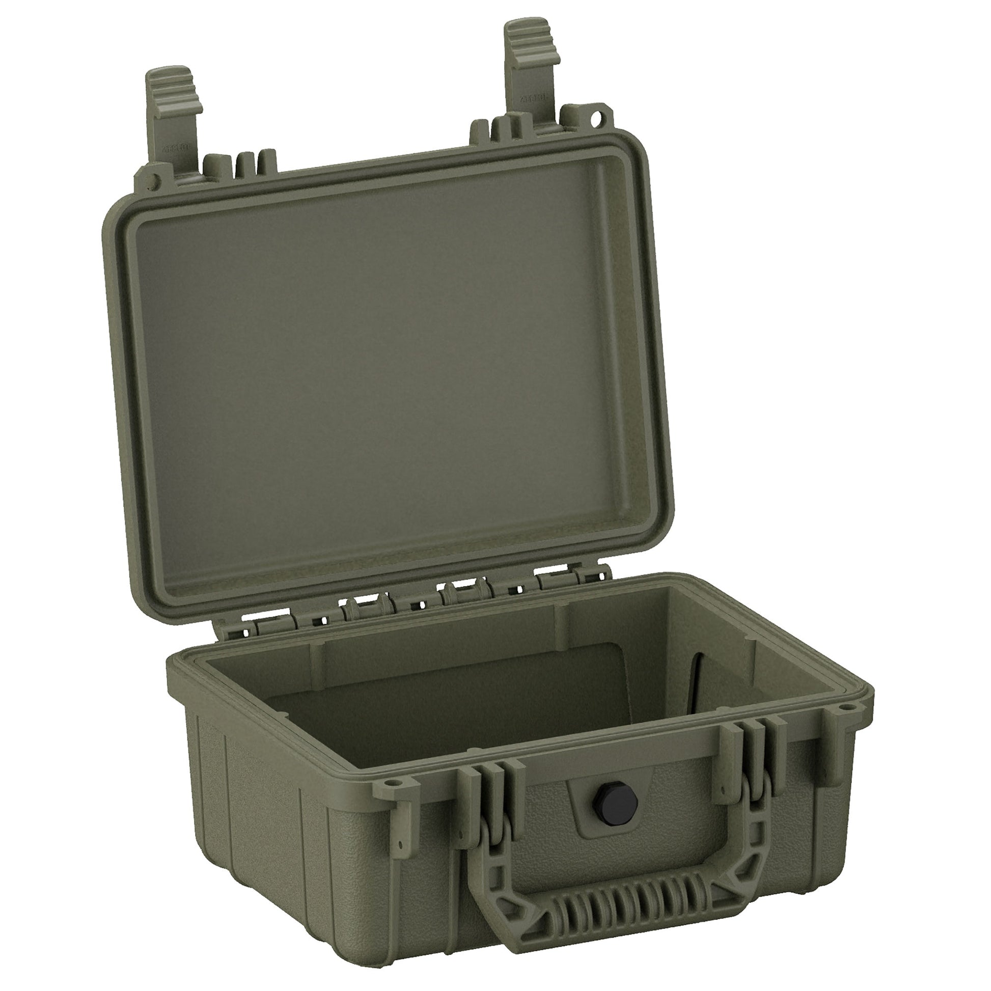 Alt text: "Olive green 10-inch small hard case model #312, shown open, featuring durable exterior with secure latches and a foam-lined interior for protection."