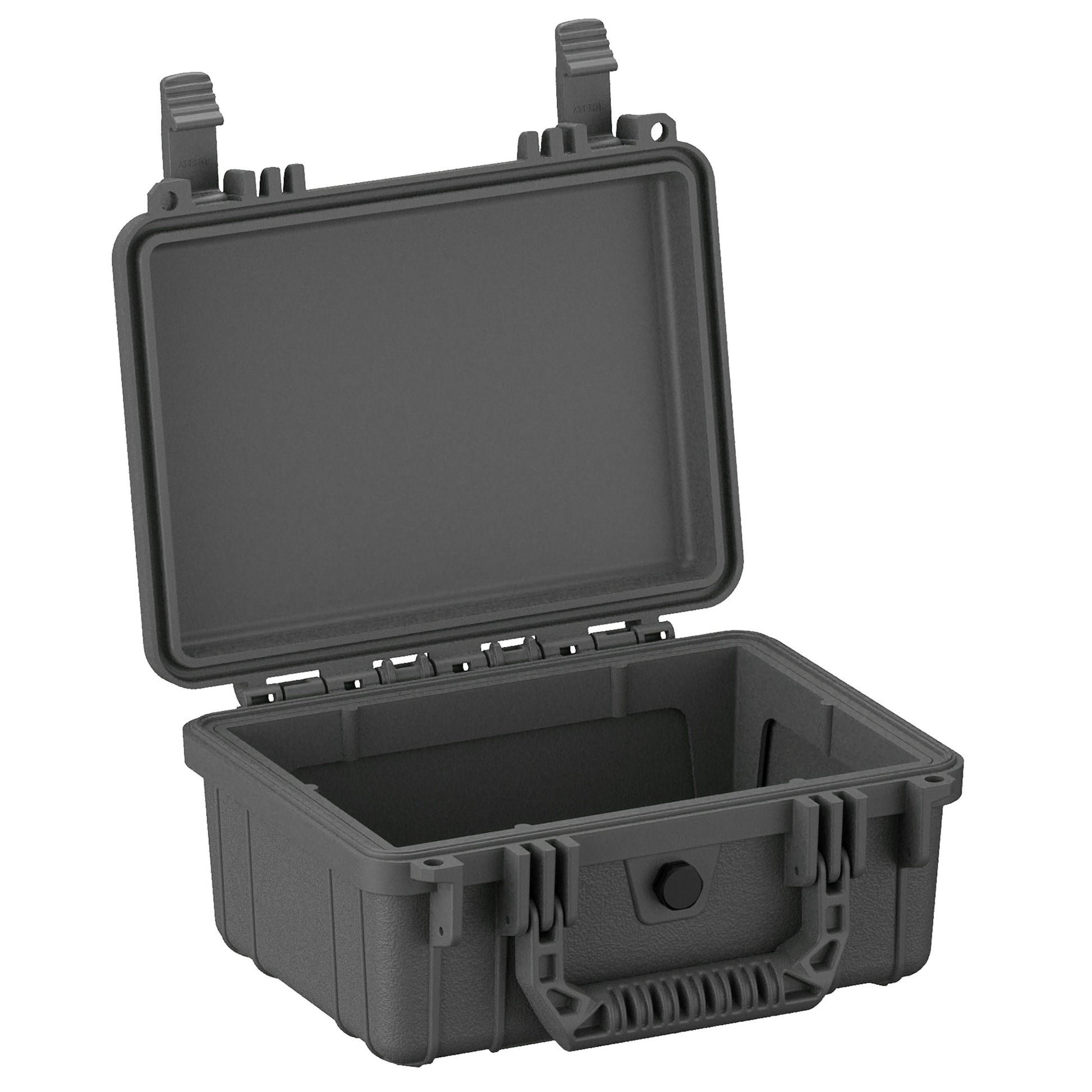 Alt text: "Open 10-inch small protective case #312 in dark gray, featuring rugged design with sturdy latches, a reinforced exterior, and smooth interior padding."