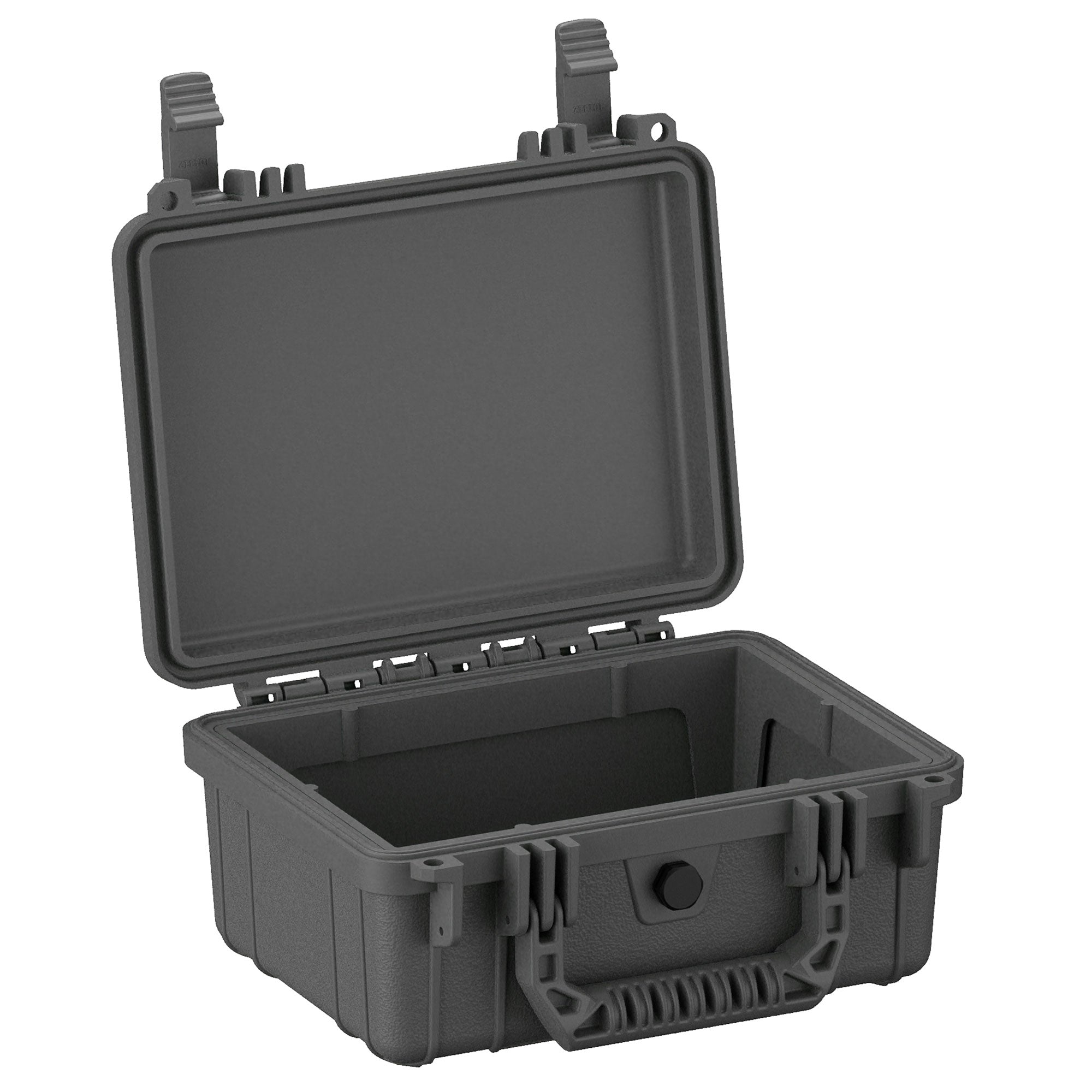 Alt text: "Open 10-inch small protective case #312 in dark gray, featuring rugged design with sturdy latches, a reinforced exterior, and smooth interior padding."
