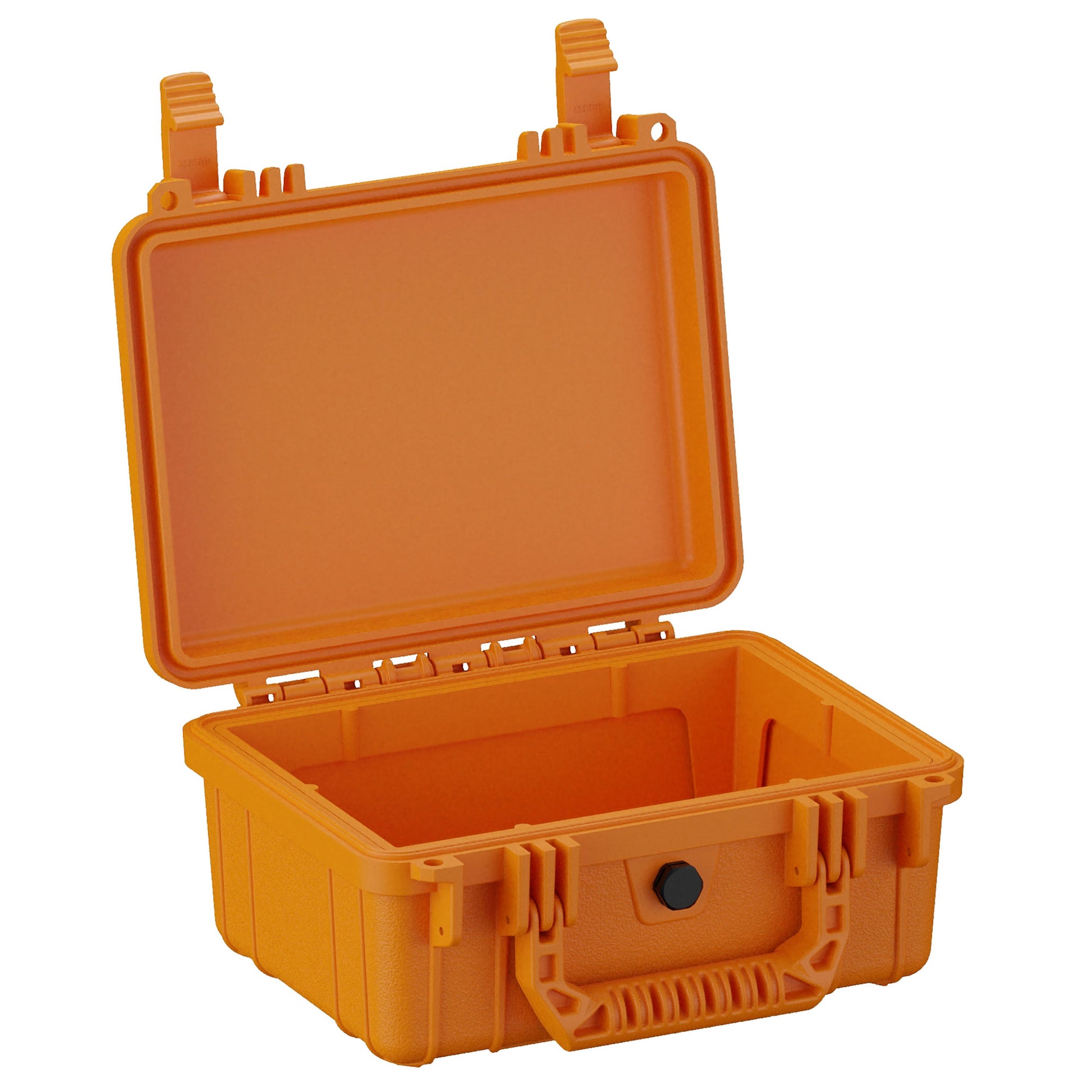 Alt text: "Open 10-inch small orange protective case, model #312, featuring rugged exterior, sturdy clasps, and a hollow interior, suitable for storing and protecting delicate items."