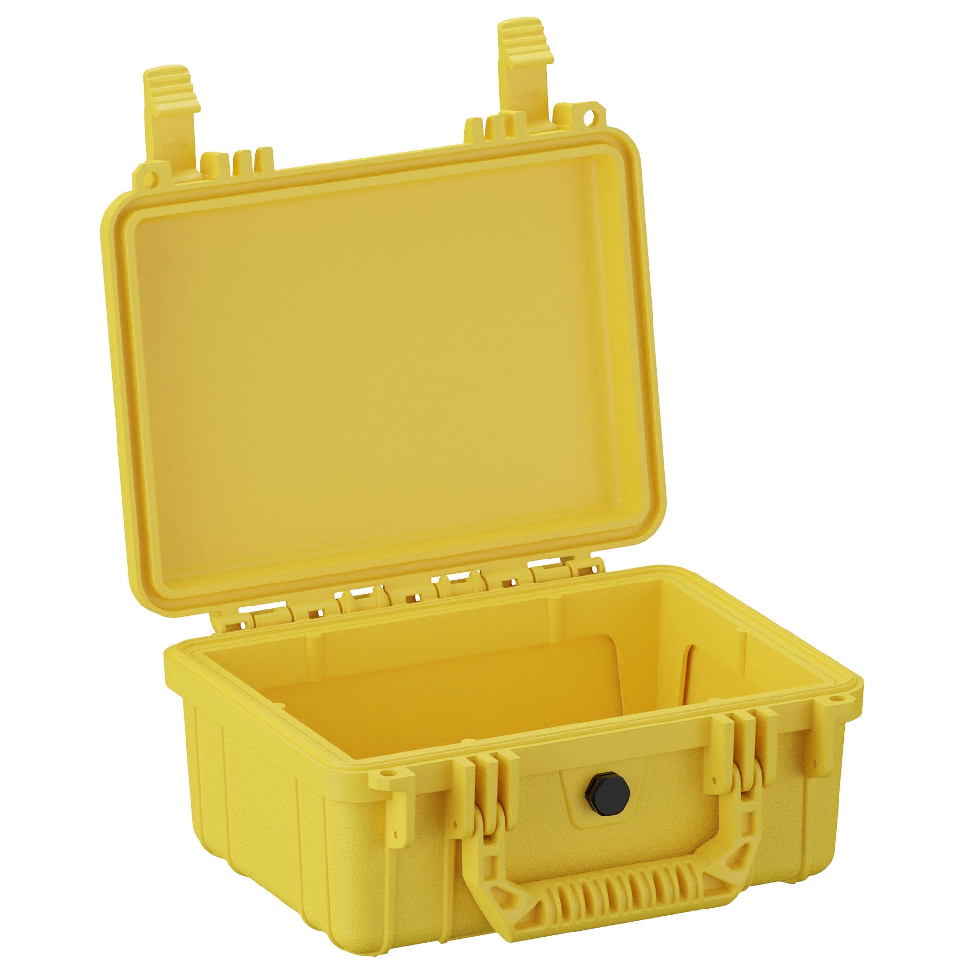 Alt text: "Open bright yellow protective hard case, 10 inches in size, displaying robust handles and latches, with an air pressure release valve and interior design details for secure storage, model #312."