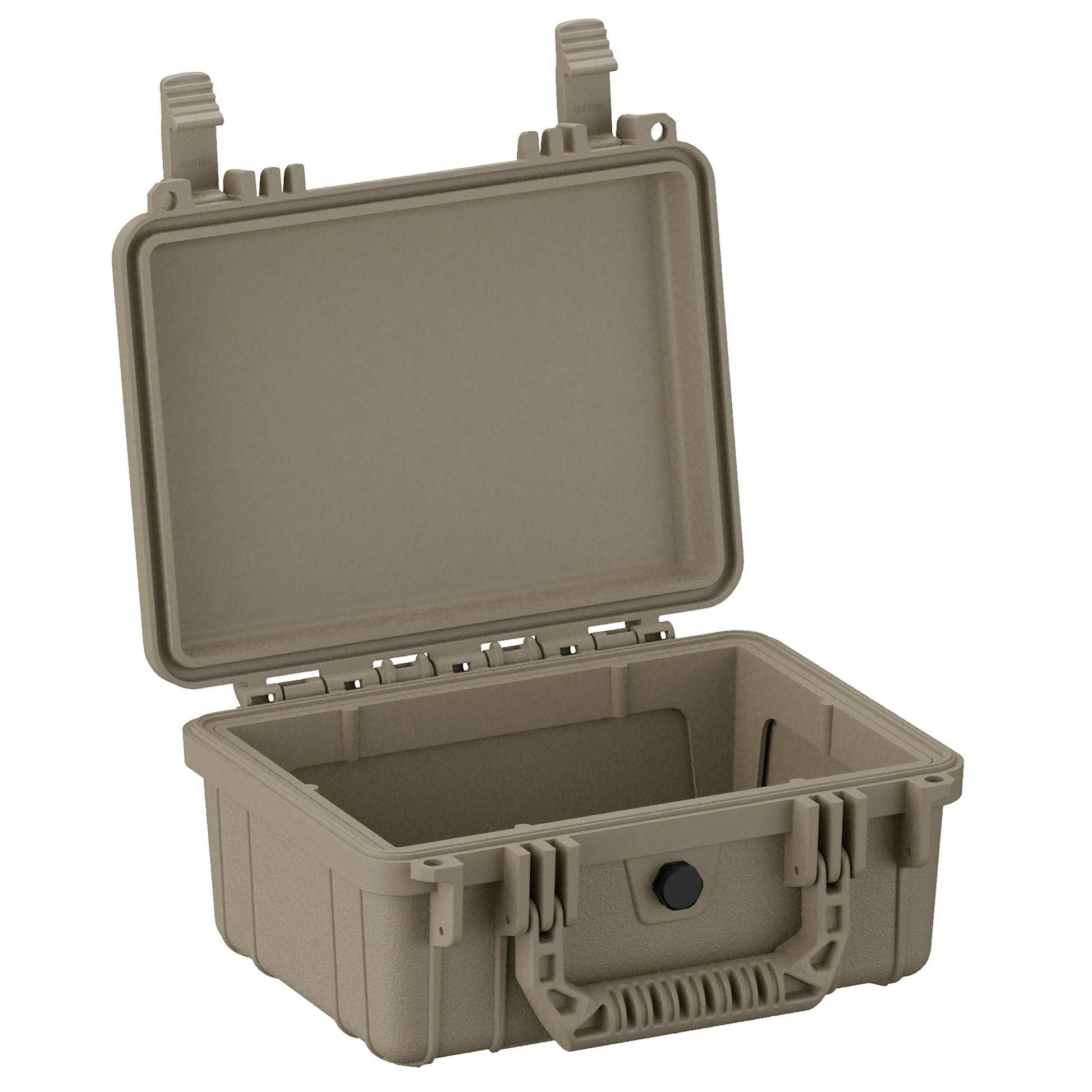 Alt text: "Open 10-inch small protective case, model #312, in military green with sturdy clasps and a reinforced exterior, showing empty interior."
