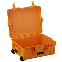 Alt text: "Open large orange protective case with wheels, model #991, featuring durable handles and secure latches for safety and mobility."