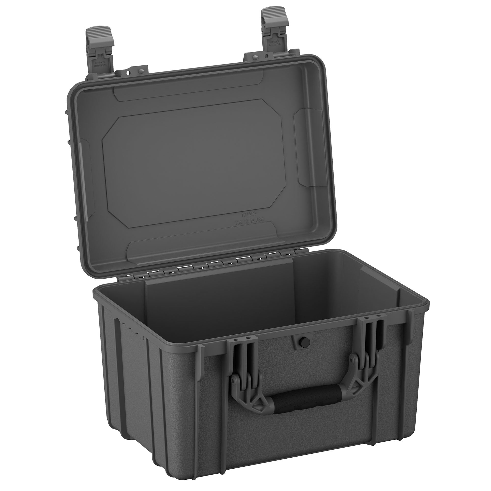Alt text: "Open 18-inch medium-sized rugged storage case, model #997, with durable gray plastic construction and secure latches, showing empty interior and raised lid."
