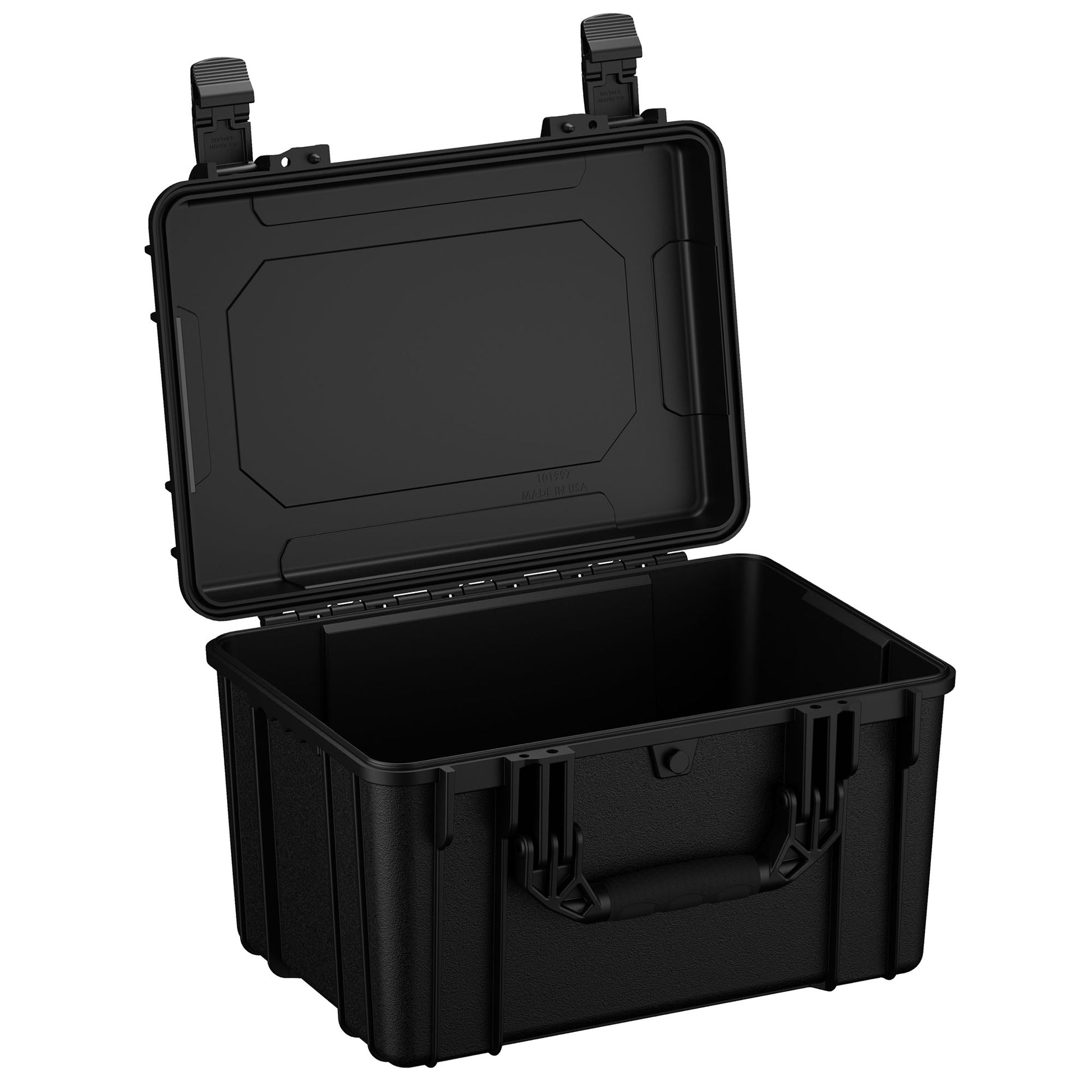 Alt text: "Open 18-inch medium case #997 made of black durable material, displaying reinforced corners and sturdy locking clasps, with the lid hinged open to show empty interior."