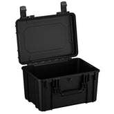 Alt text: "Open 18-inch medium case #997 made of black durable material, displaying reinforced corners and sturdy locking clasps, with the lid hinged open to show empty interior."