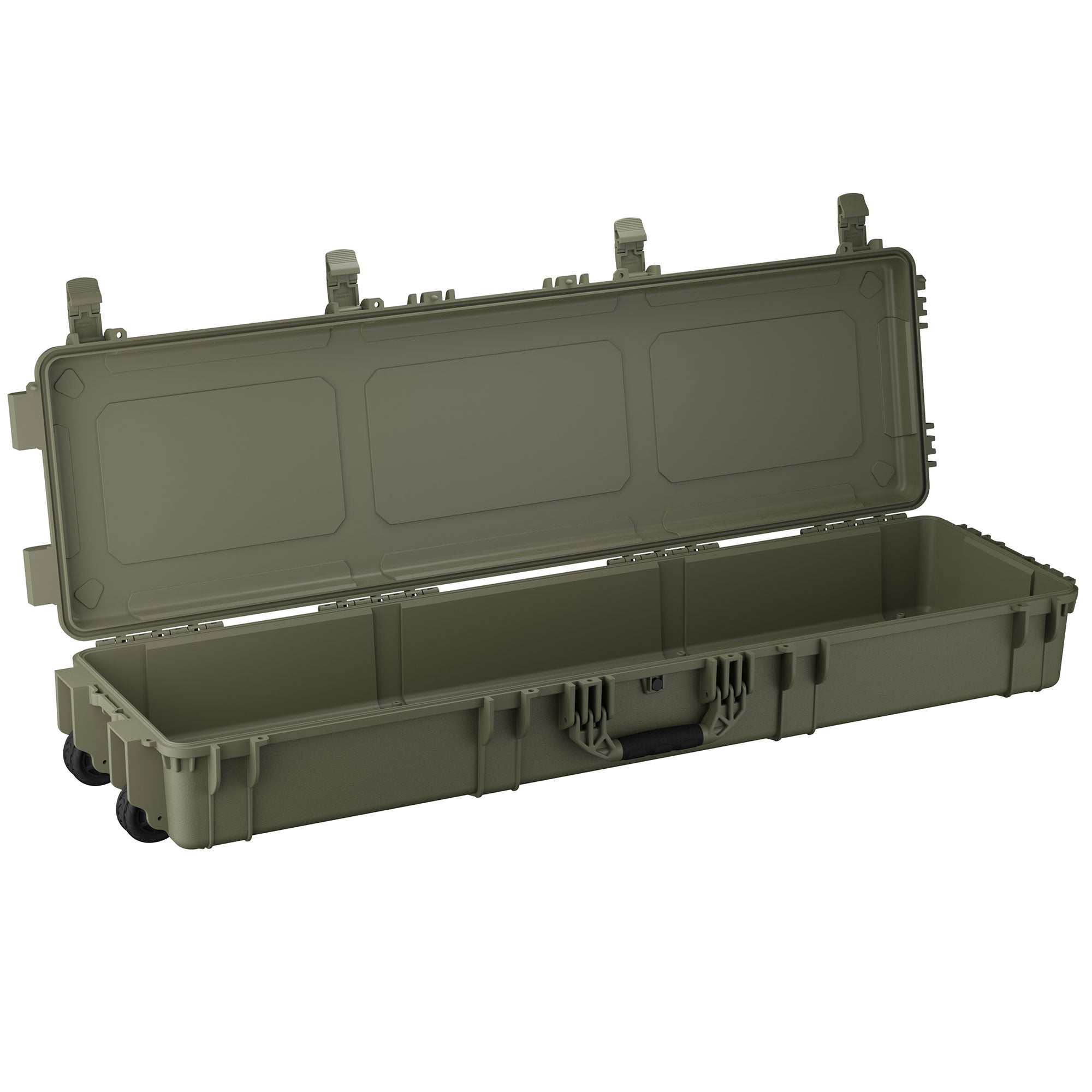 Open green 55-inch long storage case with wheels, interior compartments, and secure latch.