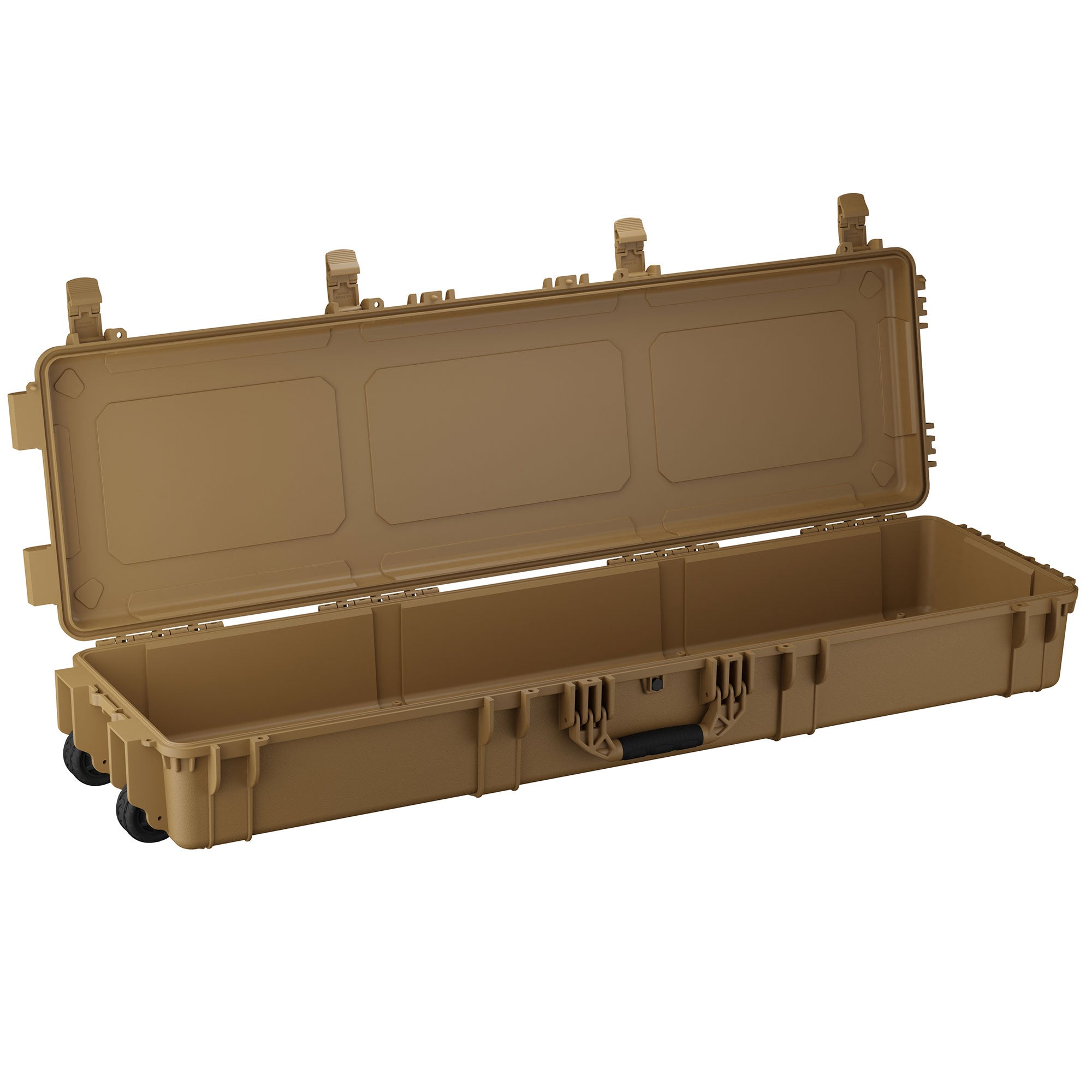 Tan 55-inch long protective storage case with wheels, open lid, and multiple compartments for gear organization.