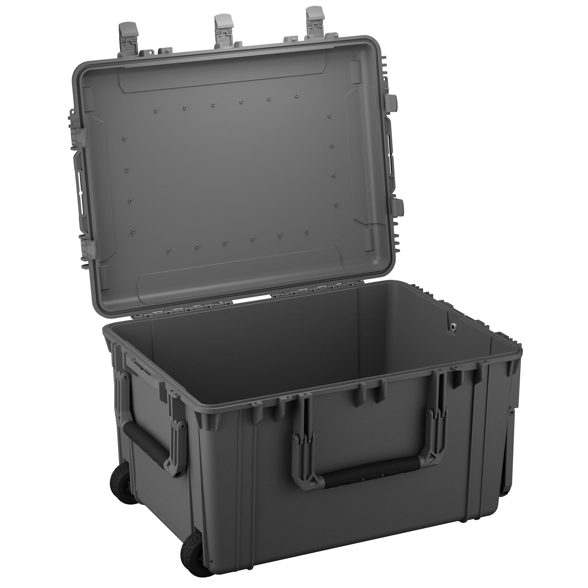 Alt text: "Large 33-inch grey protective hard case with wheels, open lid showing empty interior, and rugged handles, ideal for secure transportation and storage of equipment, model #2152."