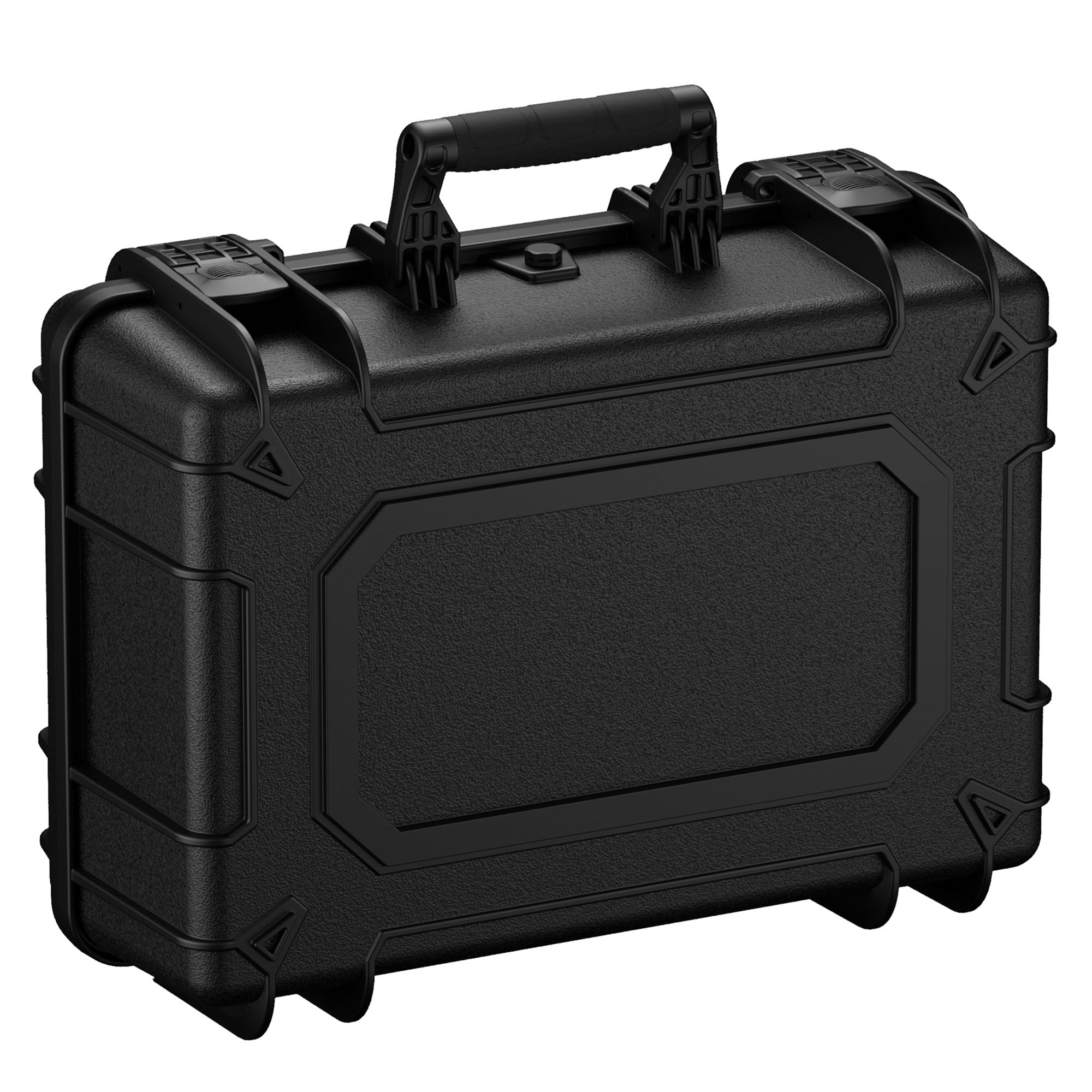 Alt text: "Black 18-inch medium-sized rugged case #801 with sturdy dual handles and reinforced corners for extra durability, suitable for safe storage and transportation of delicate items."