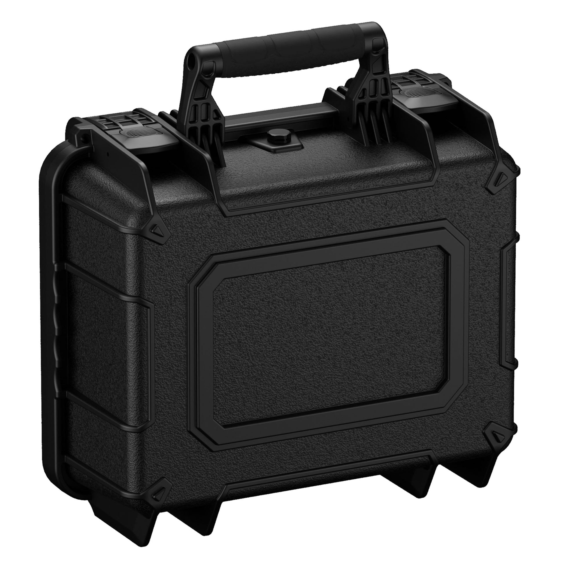Alt text: "Black rugged medium-sized protective case with dual latch system and a reinforced handle, designed for secure transport and storage, marked as Case #075."