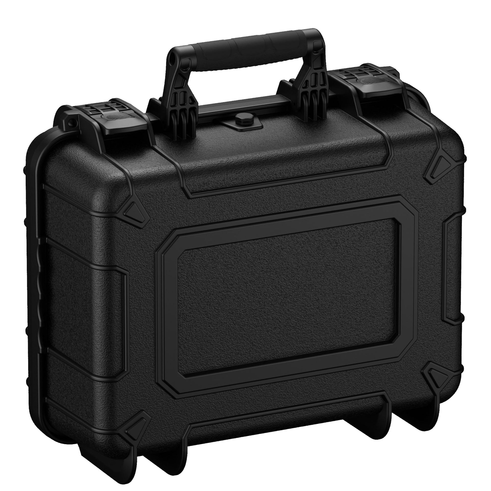 Alt text: "Black rugged 16-inch medium protective case with dual lockable latches and a sturdy handle, featuring reinforced corners and a textured anti-slip surface."
