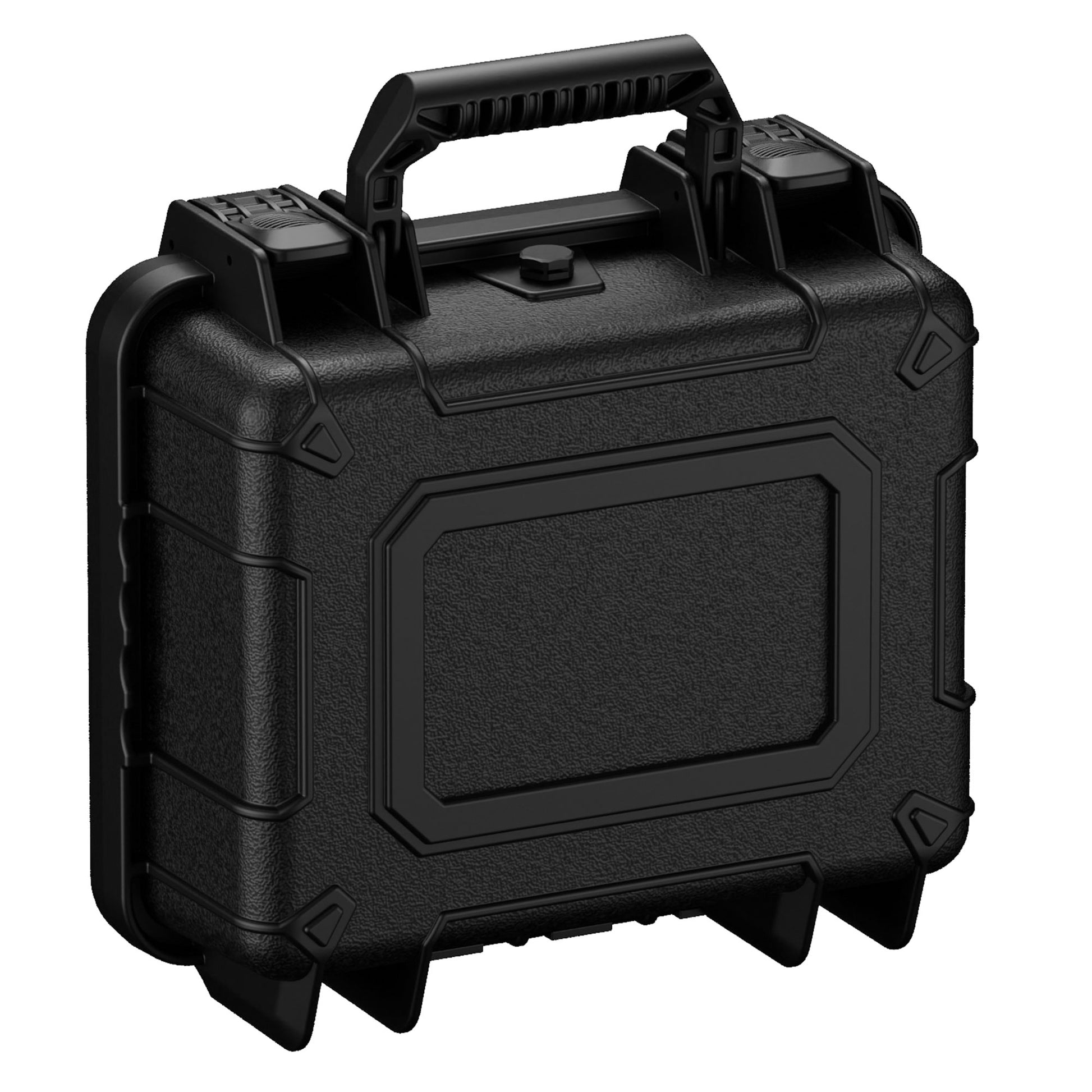 Alt text: Black rugged small carrying case, 11 inches, with a sturdy handle and secure latches, ideal for protective storage and transportation.