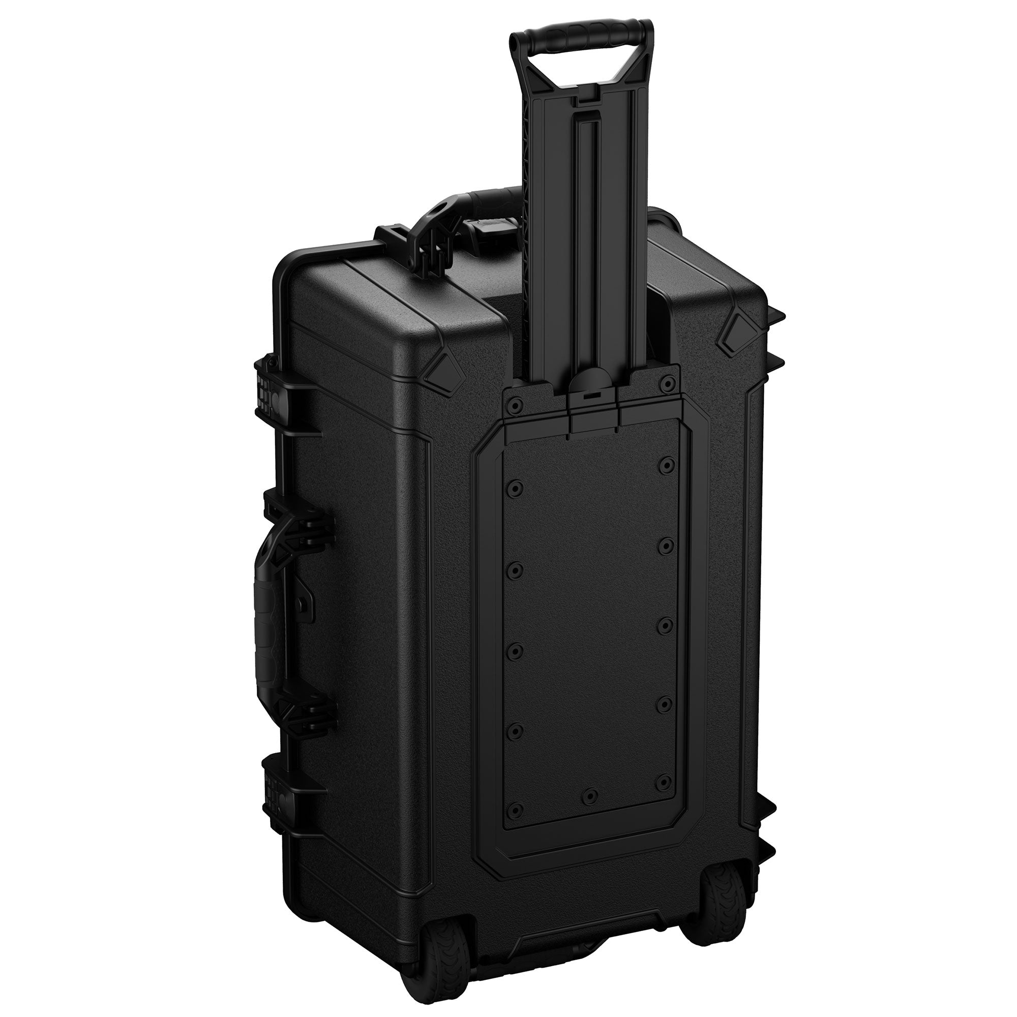 Alt text: "31-inch large black hard-shell rolling case with extendable handle and durable wheels, featuring reinforced edges and multiple latches for enhanced security, model #1258."