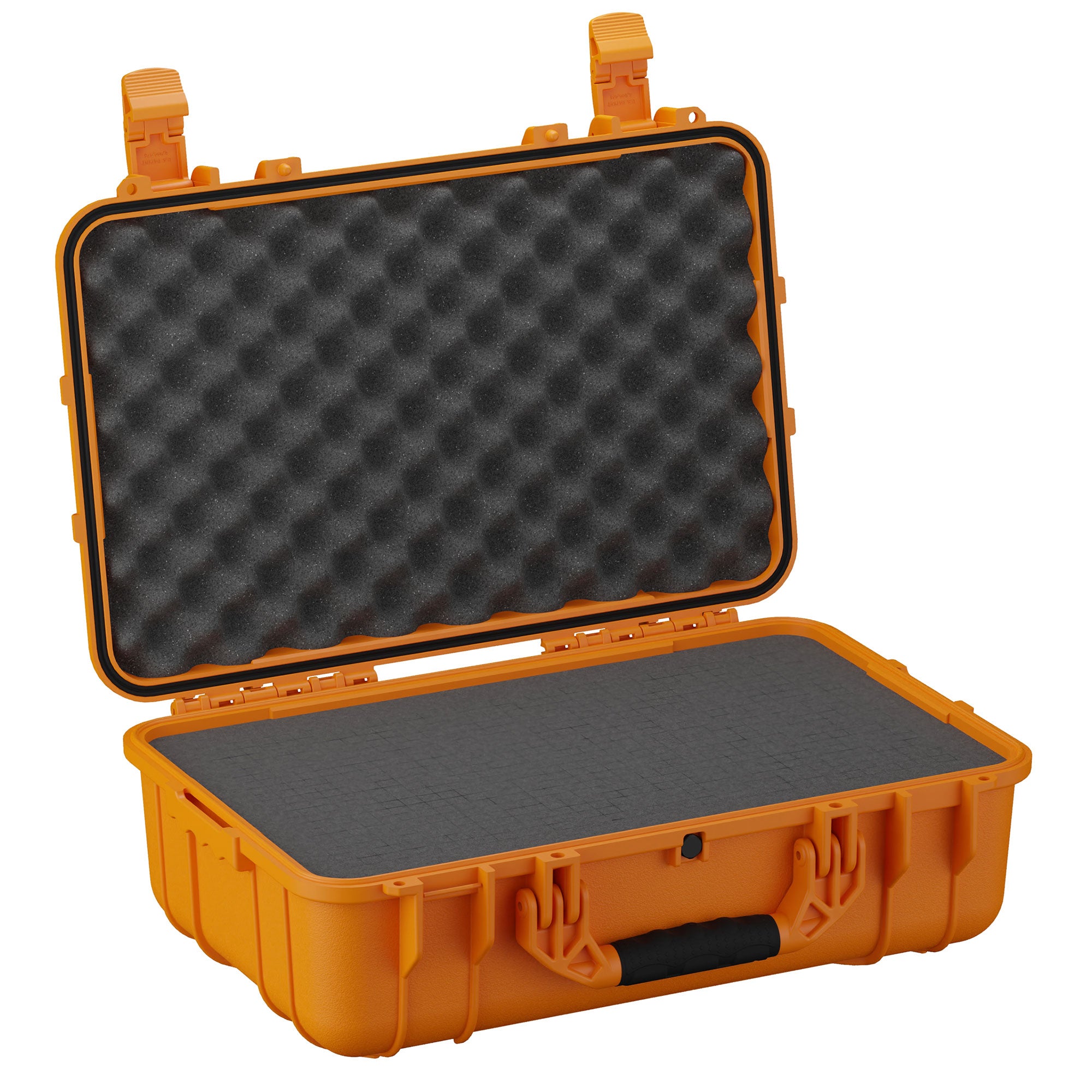 Alt text: Large, rugged orange protective case, size 22 inches, open to display black foam interior, designed for secure equipment storage, featuring durable latches and a sturdy handle.