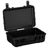 Alt text: Open 22-inch large protective black case with sturdy locking mechanisms and reinforced corners for durability.