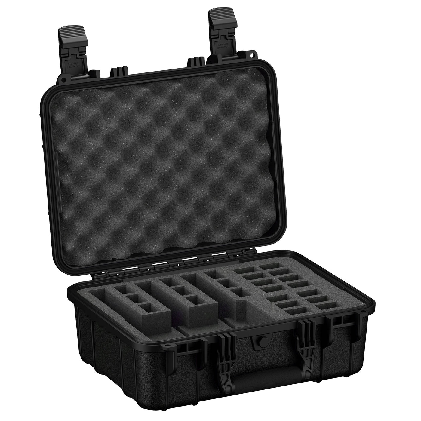 Alt text: "Durable black 16-inch pistol case, model #179, designed to hold 3 handguns securely, featuring customizable foam inserts, twin locking latches, and rugged exterior, with open lid displaying foam-padded interior."