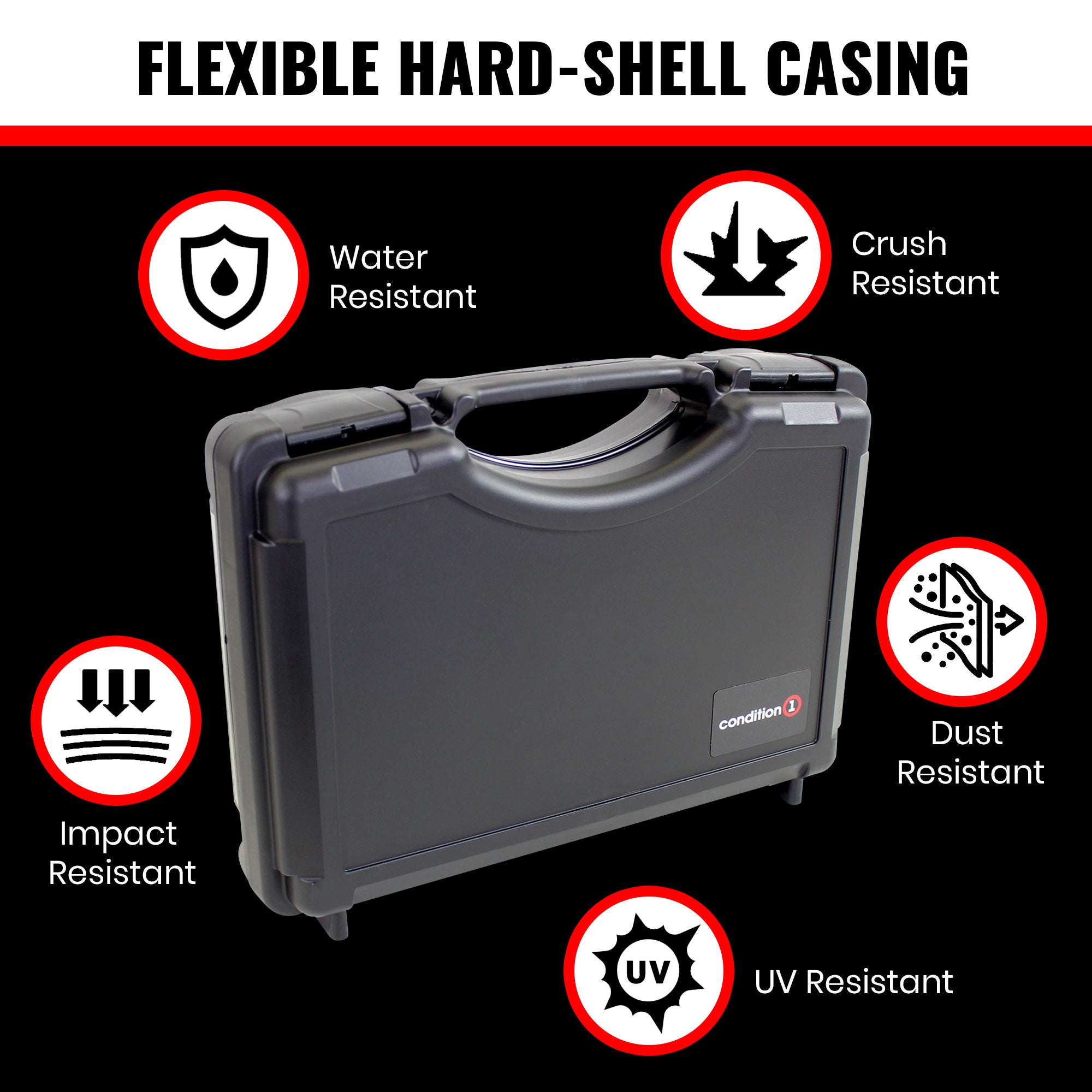 Alt text: "14-inch Economy Case #1763, featuring flexible hard-shell casing that is water, dust, UV, crush, and impact resistant, displayed with relevant protective feature icons around the product."