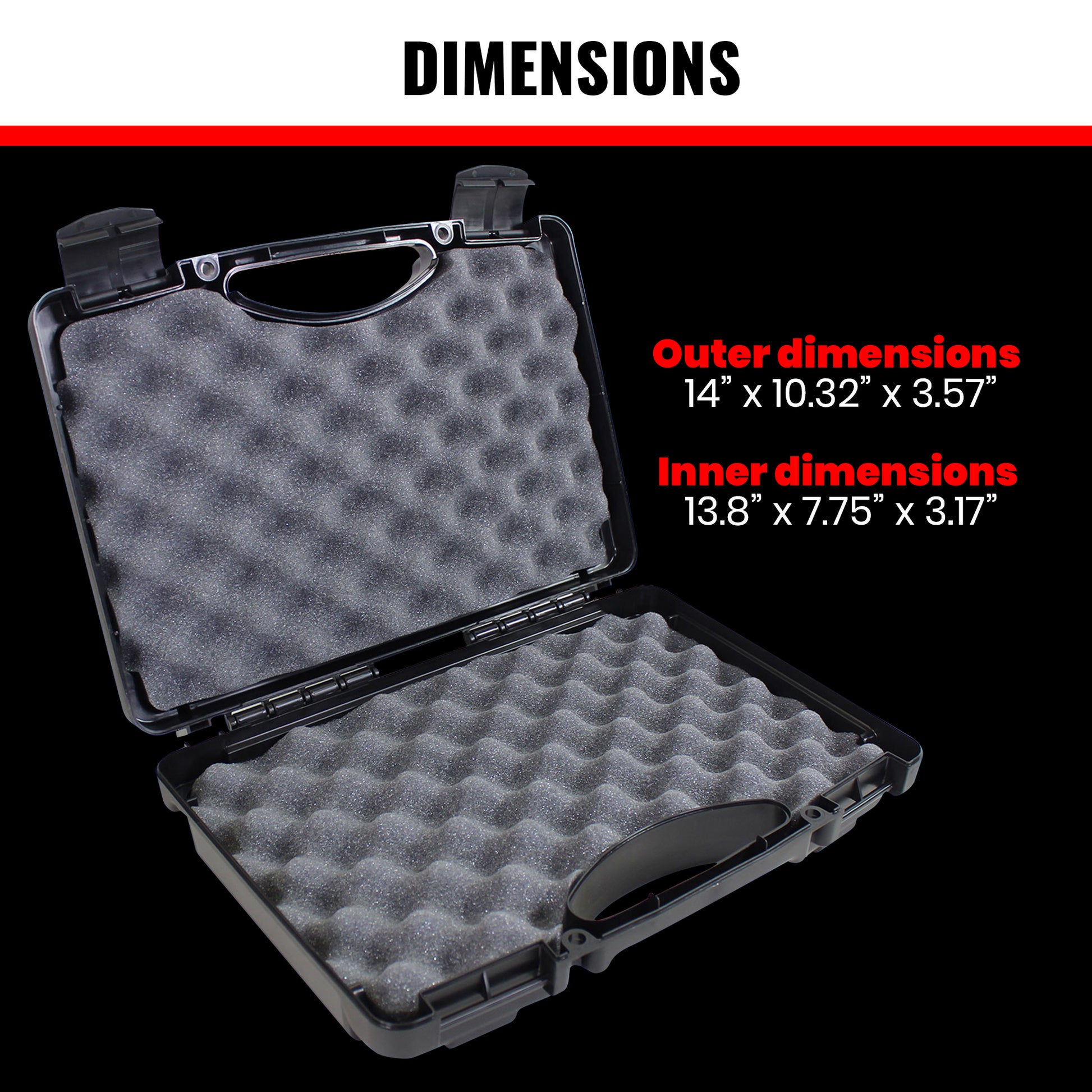 "Image of a 14-inch Economy Case #1763 opened to show the foam interior, with dimensions labeled: outer dimensions 14” x 10.32” x 3.57”, and inner dimensions 13.8” x
